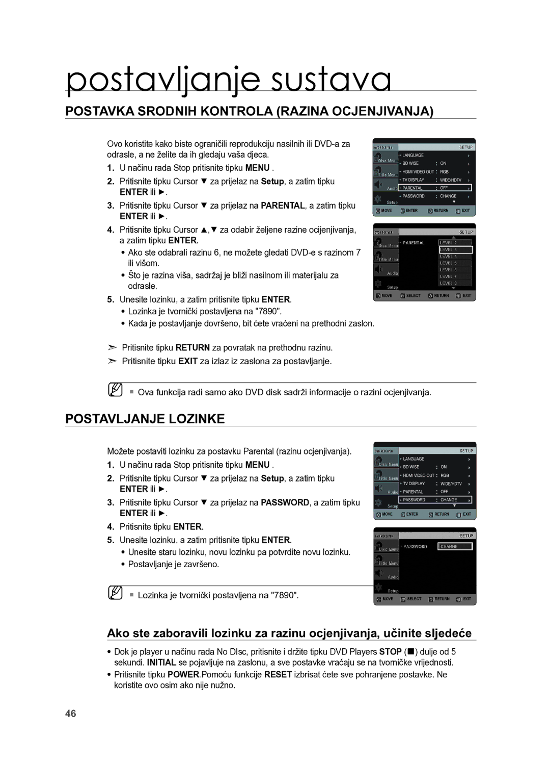 Samsung HT-X625T/EDC, HT-X625T/XEE manual Postavka srodnih kontrola Razina ocjenjivanja, Postavljanje lozinke 