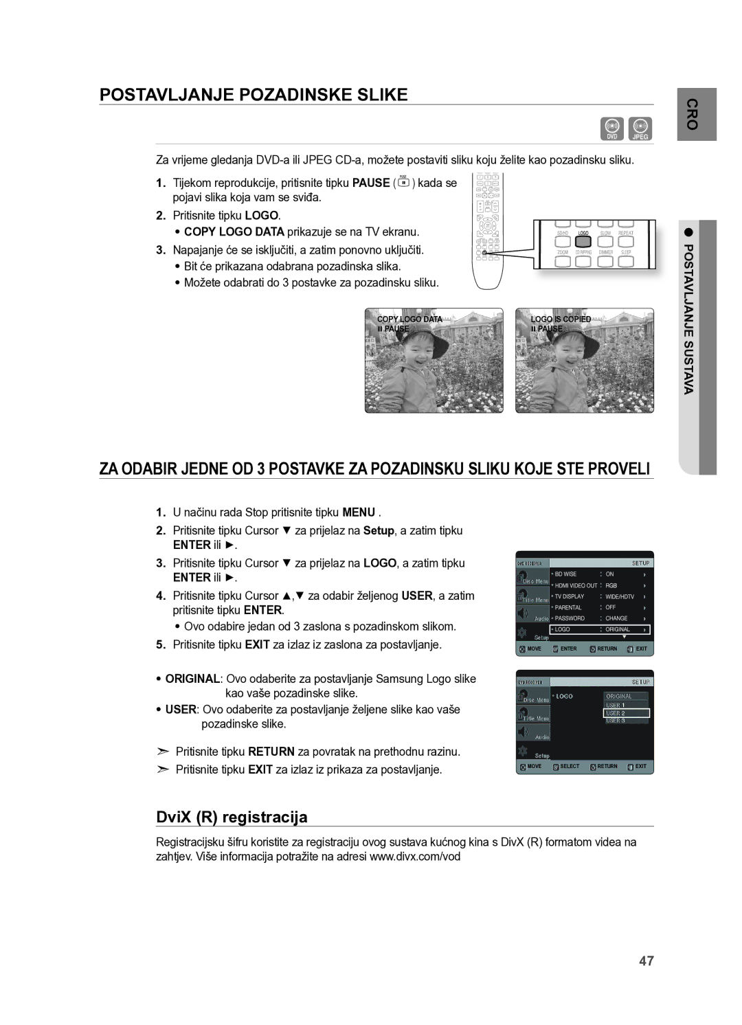 Samsung HT-X625T/XEE, HT-X625T/EDC manual POSTAVLjANje POzADINSKe SLIKe, DviX r registracija 