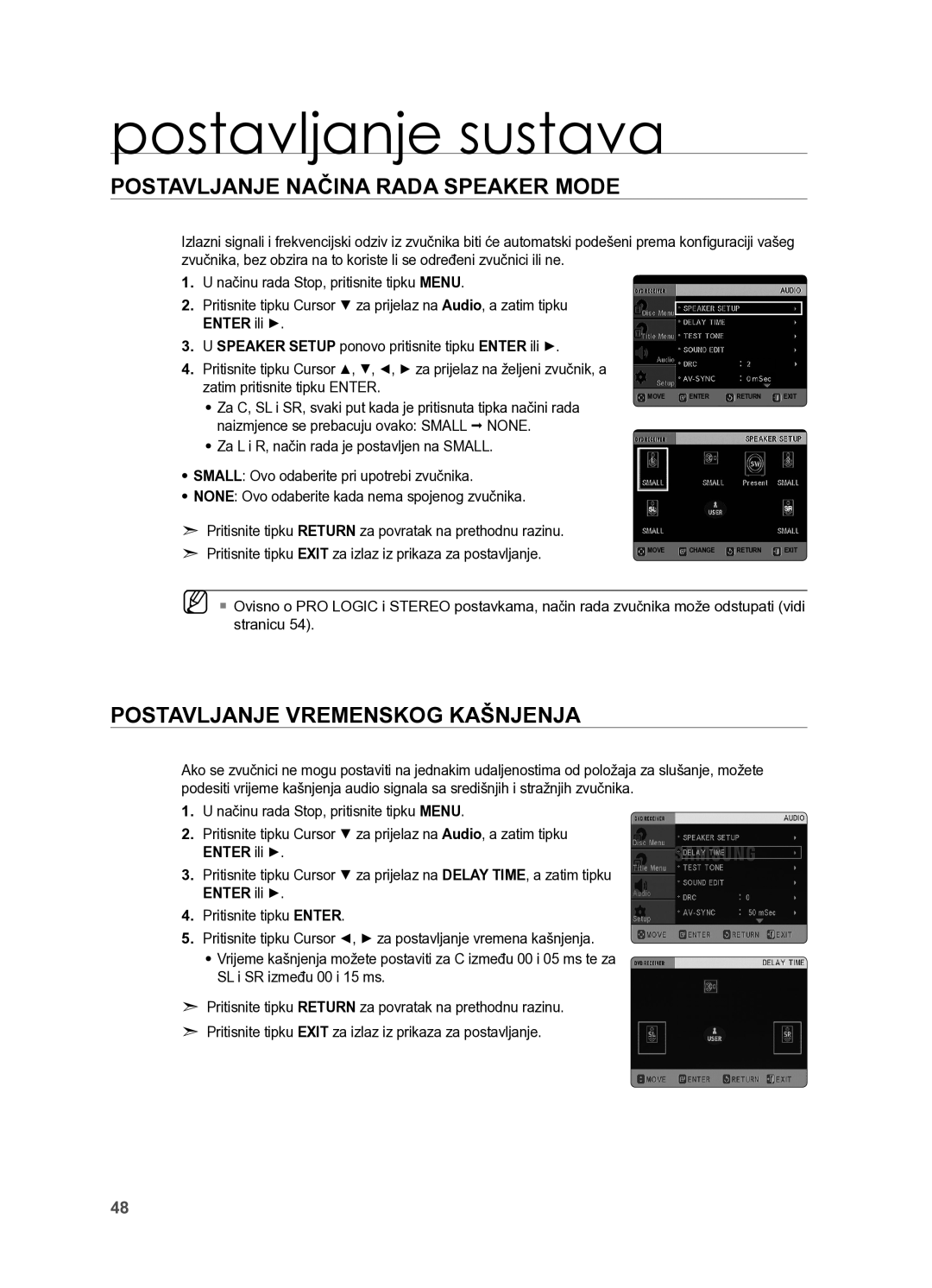 Samsung HT-X625T/EDC, HT-X625T/XEE manual Postavljanje načina rada Speaker Mode, Postavljanje vremenskog kašnjenja 