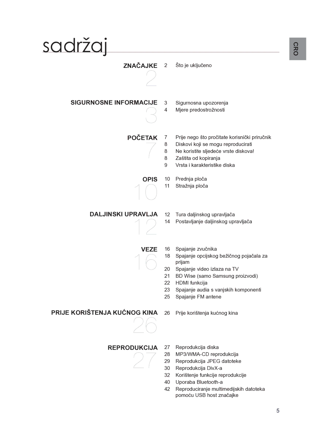 Samsung HT-X625T/XEE, HT-X625T/EDC manual Sadržaj, Početak 