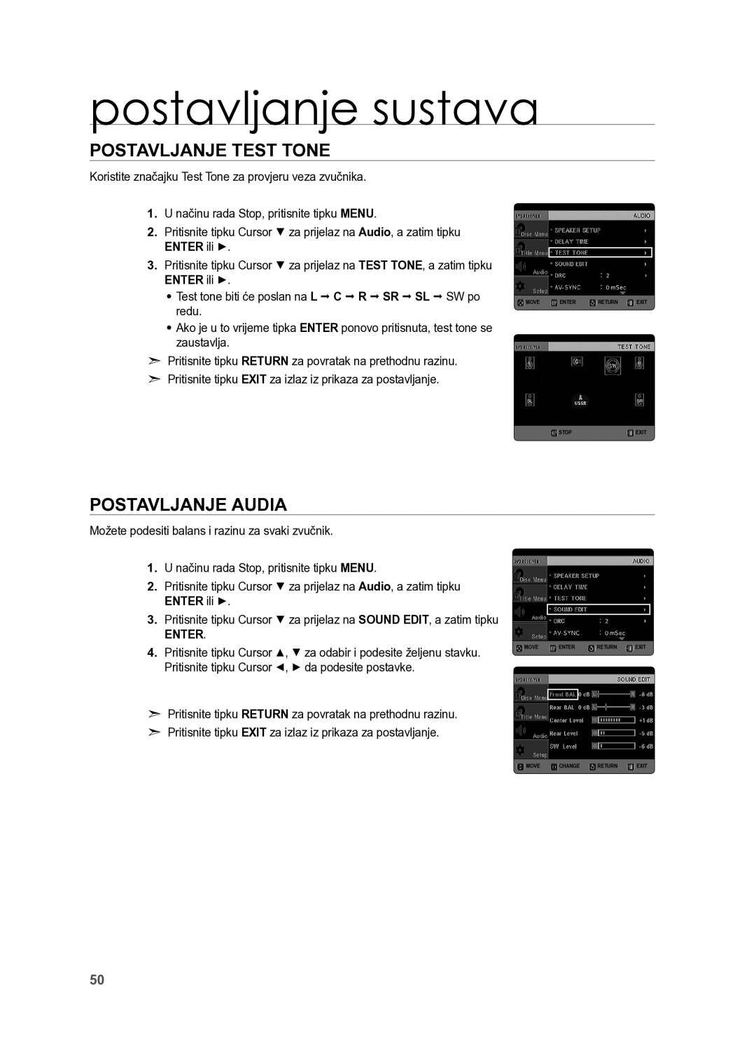 Samsung HT-X625T/EDC, HT-X625T/XEE manual Postavljanje Test Tone, Postavljanje audia 