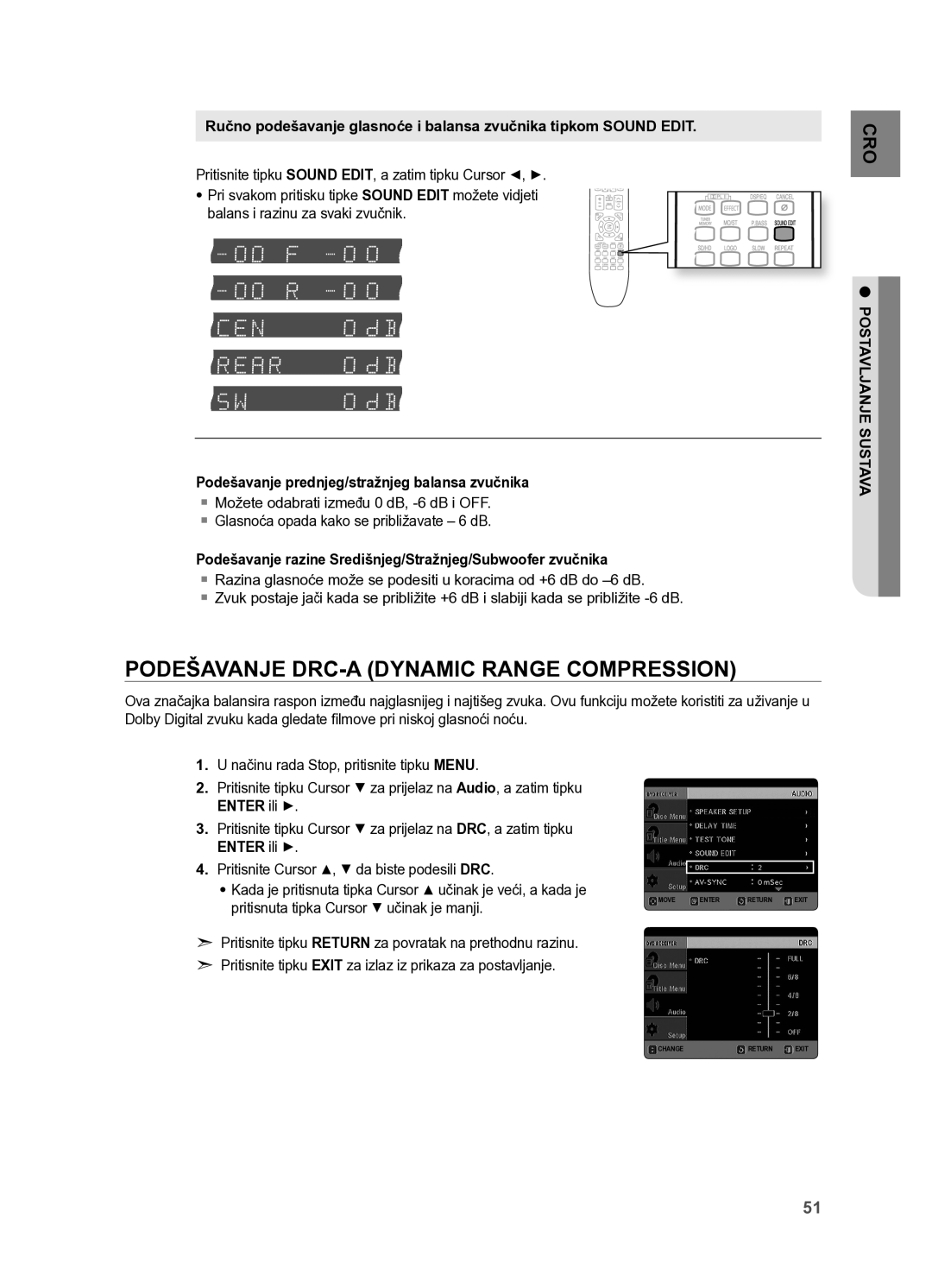 Samsung HT-X625T/XEE manual PoDEŠAVAnjE DrC-A DYnAMIC rAngE CoMPrESSIon, Podešavanje prednjeg/stražnjeg balansa zvučnika 