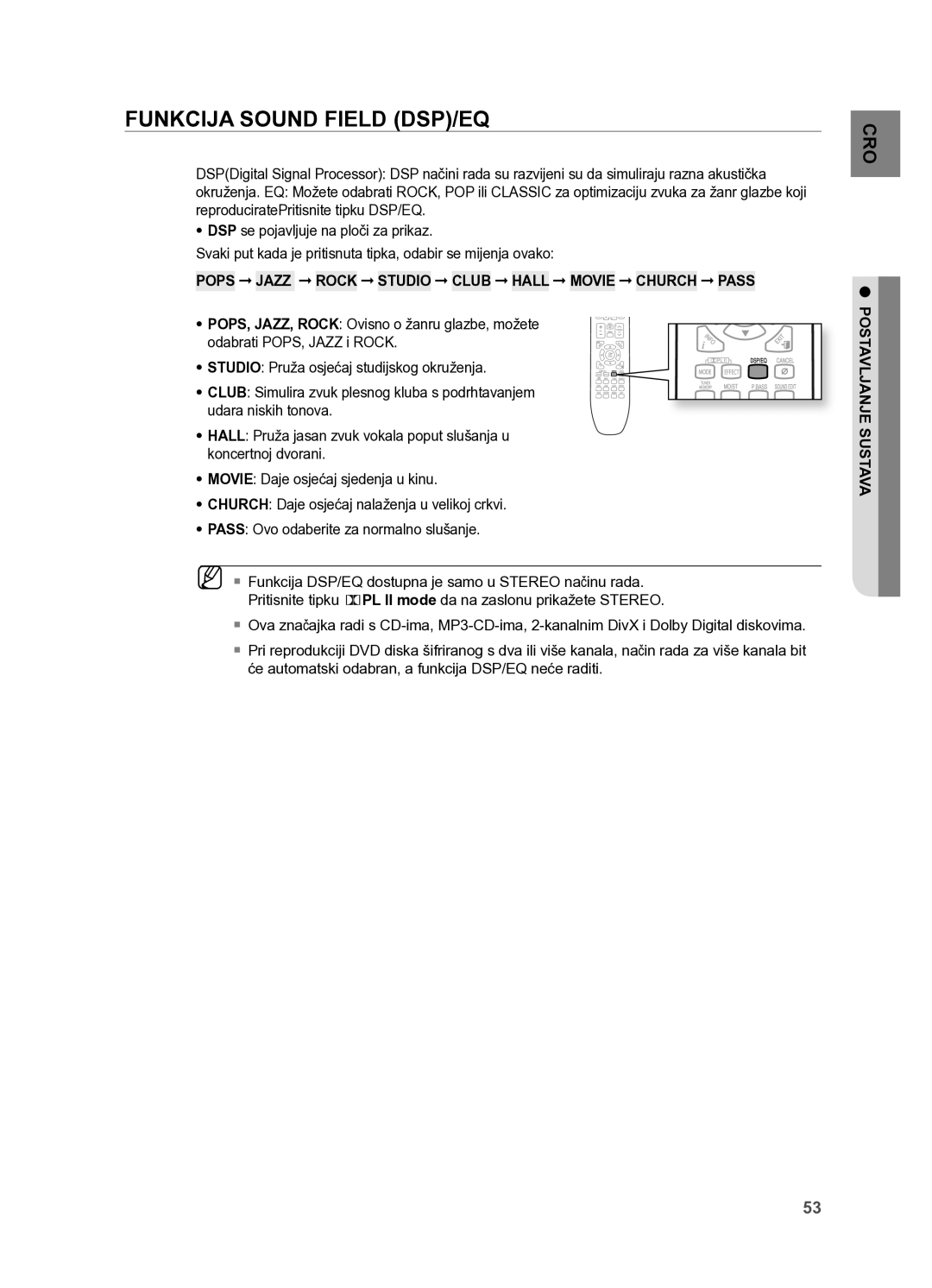 Samsung HT-X625T/XEE, HT-X625T/EDC manual FunkCIjA SounD FIElD DSP/EQ, Pops jAzz Rock Studio Club Hall MOVIe Church Pass 