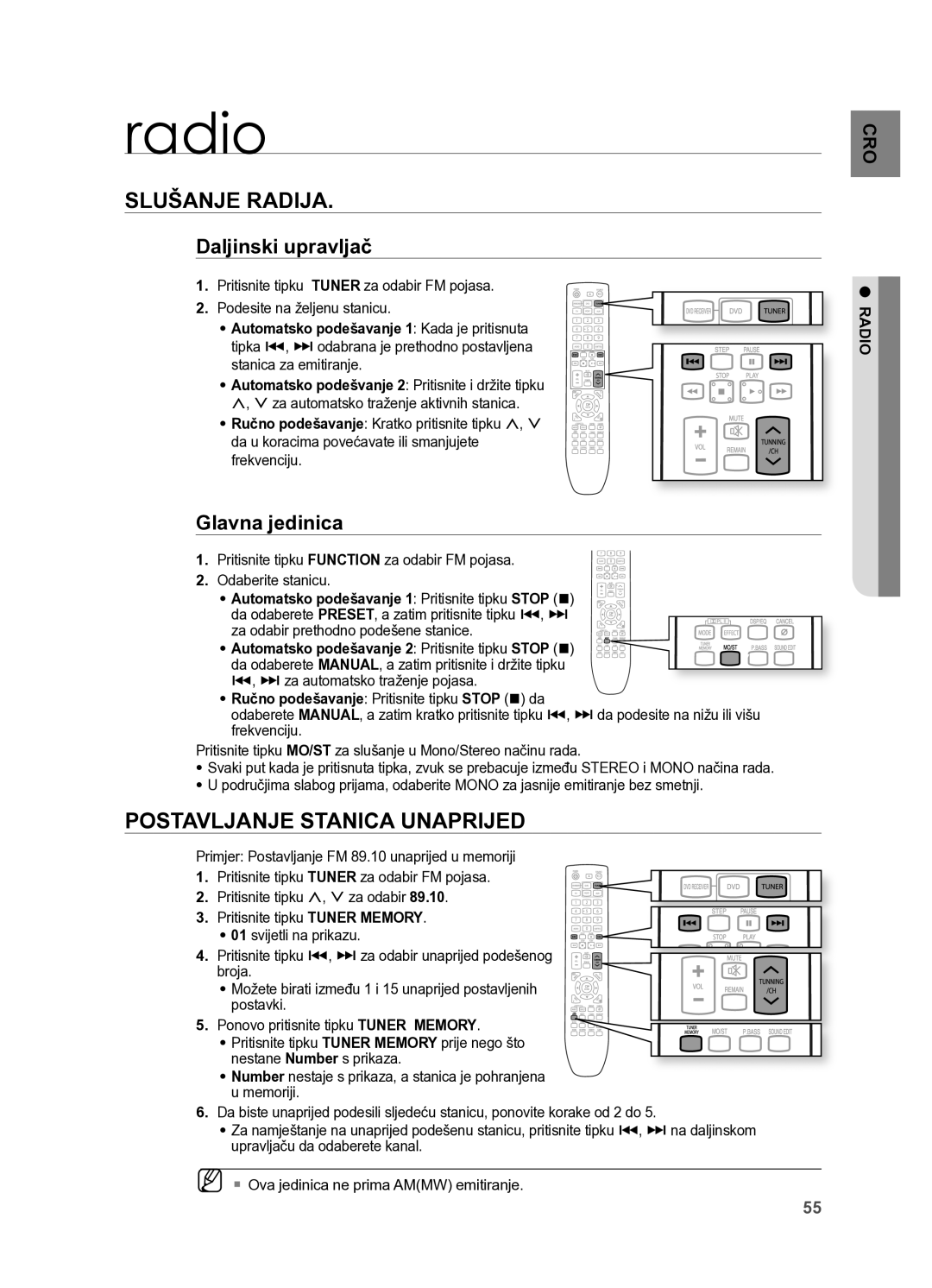 Samsung HT-X625T/XEE manual Radio, SLUšANje RADIjA, POSTAVLjANje Stanica UNAPRIjeD, Daljinski upravljač, Glavna jedinica 