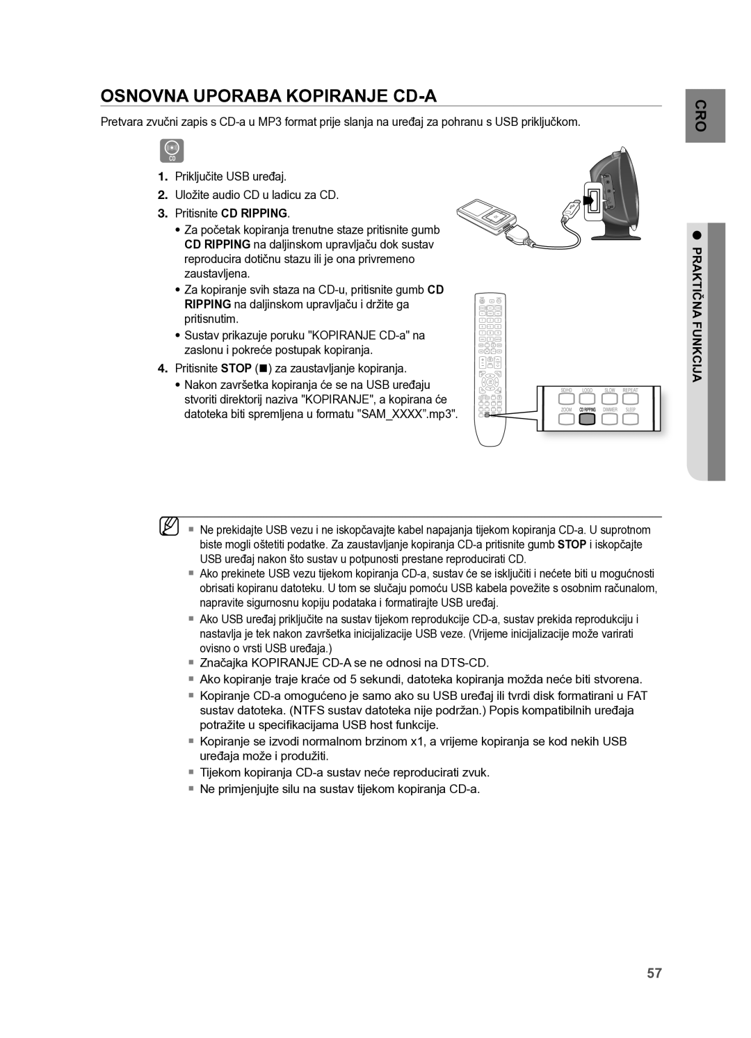 Samsung HT-X625T/XEE, HT-X625T/EDC manual Osnovna Uporaba KOPIRANje CD-A, Pritisnite CD RIPPINg, PrAkTIčnA FunkCIjA 