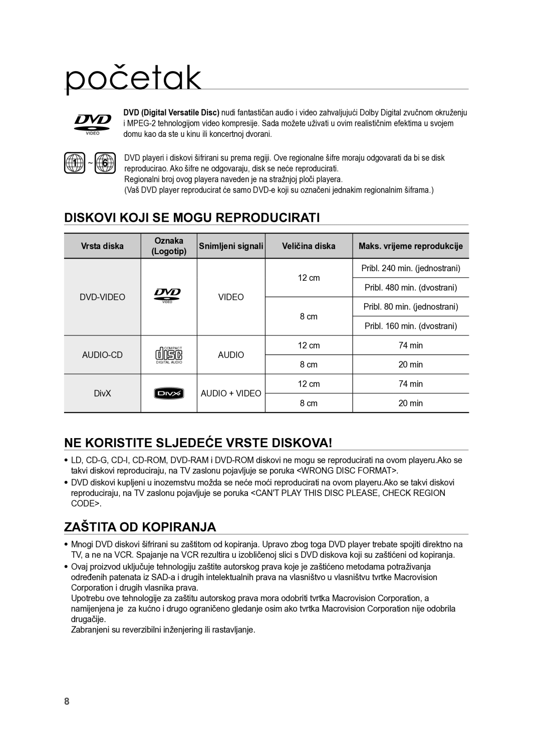 Samsung HT-X625T/EDC manual Diskovi koji se mogu reproducirati, Ne koristite sljedeće vrste diskova, Zaštita od kopiranja 