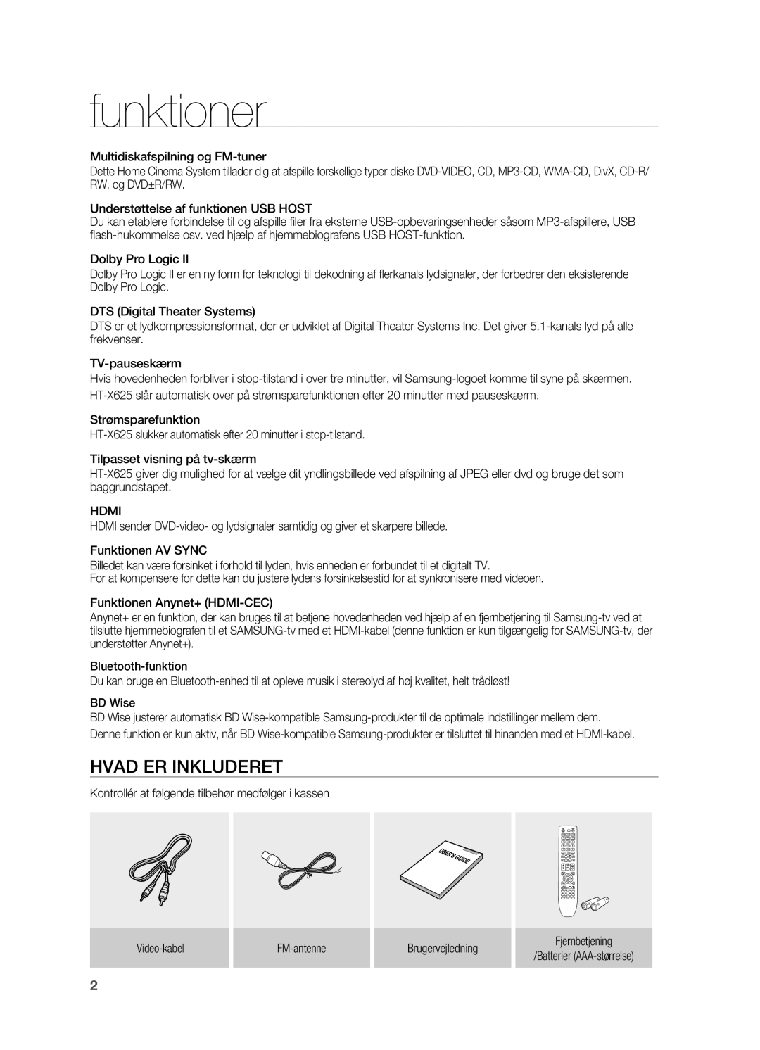 Samsung HT-X625T/XEE manual Funktioner, Hvad ER Inkluderet, Hdmi 