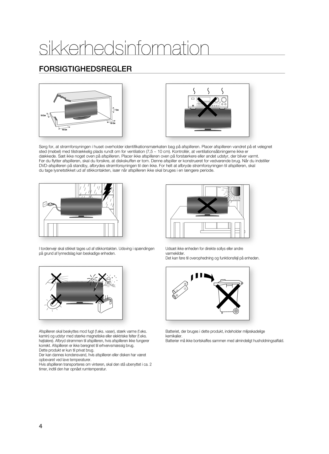 Samsung HT-X625T/XEE manual Sikkerhedsinformation, Forsigtighedsregler 