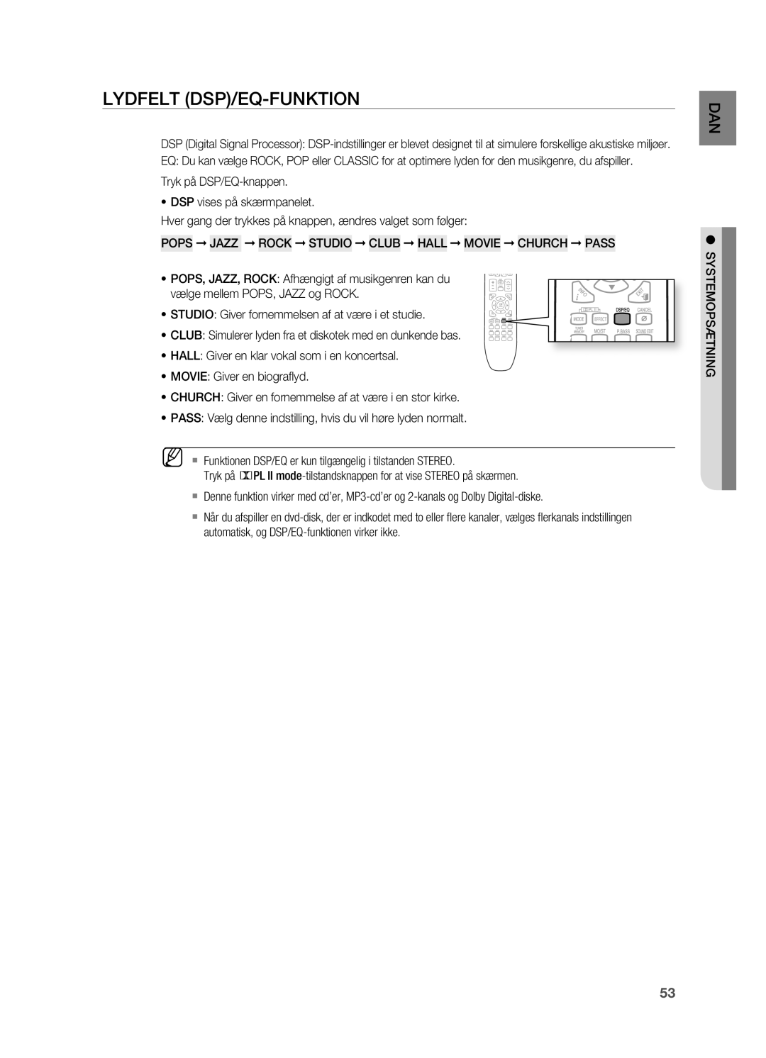 Samsung HT-X625T/XEE manual Lydfelt DSP/EQ-FUNKTION 