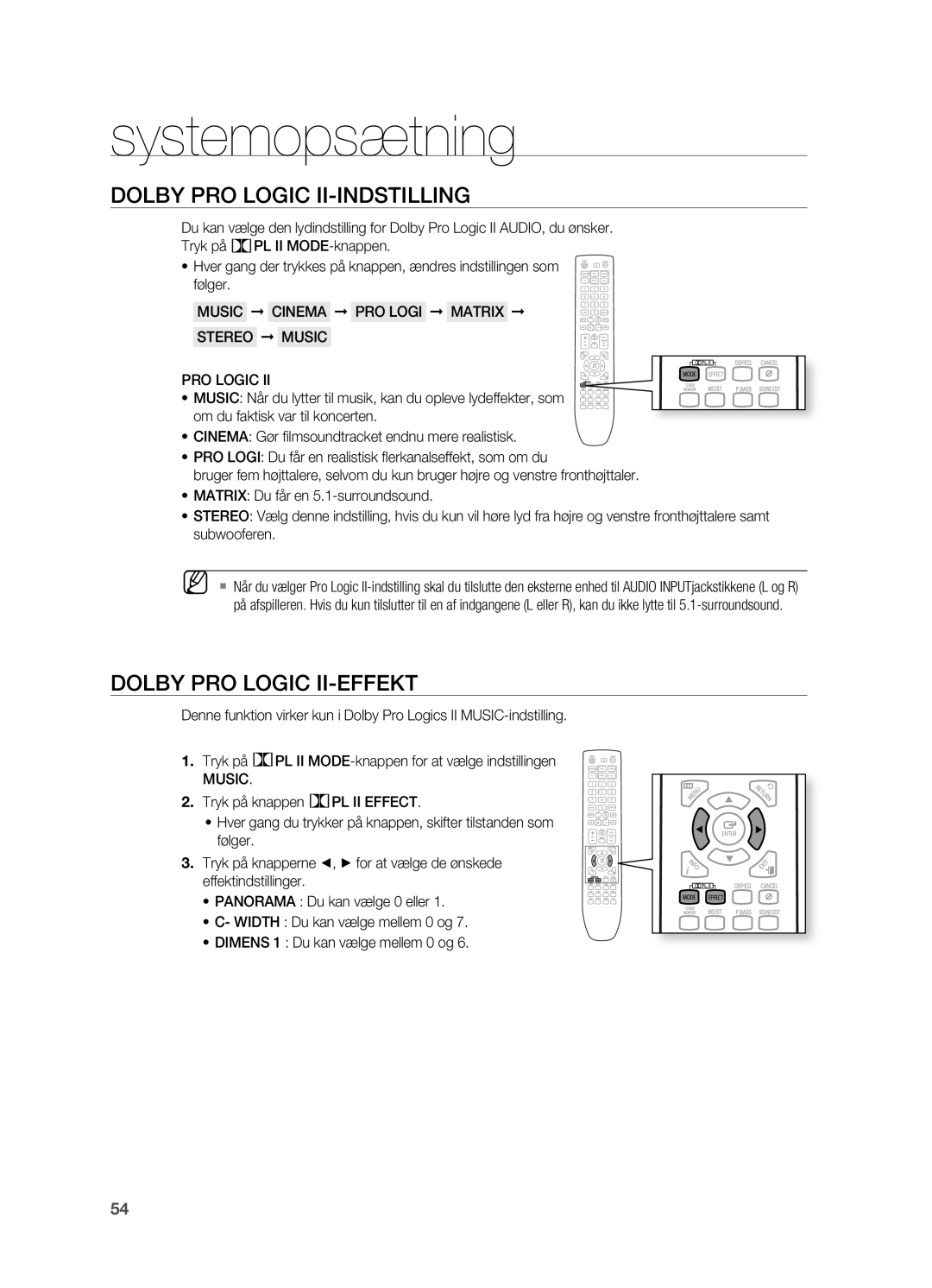 Samsung HT-X625T/XEE manual Dolby PRO Logic II-INDSTILLING, Dolby PRO Logic II-EFFEKT, Music 