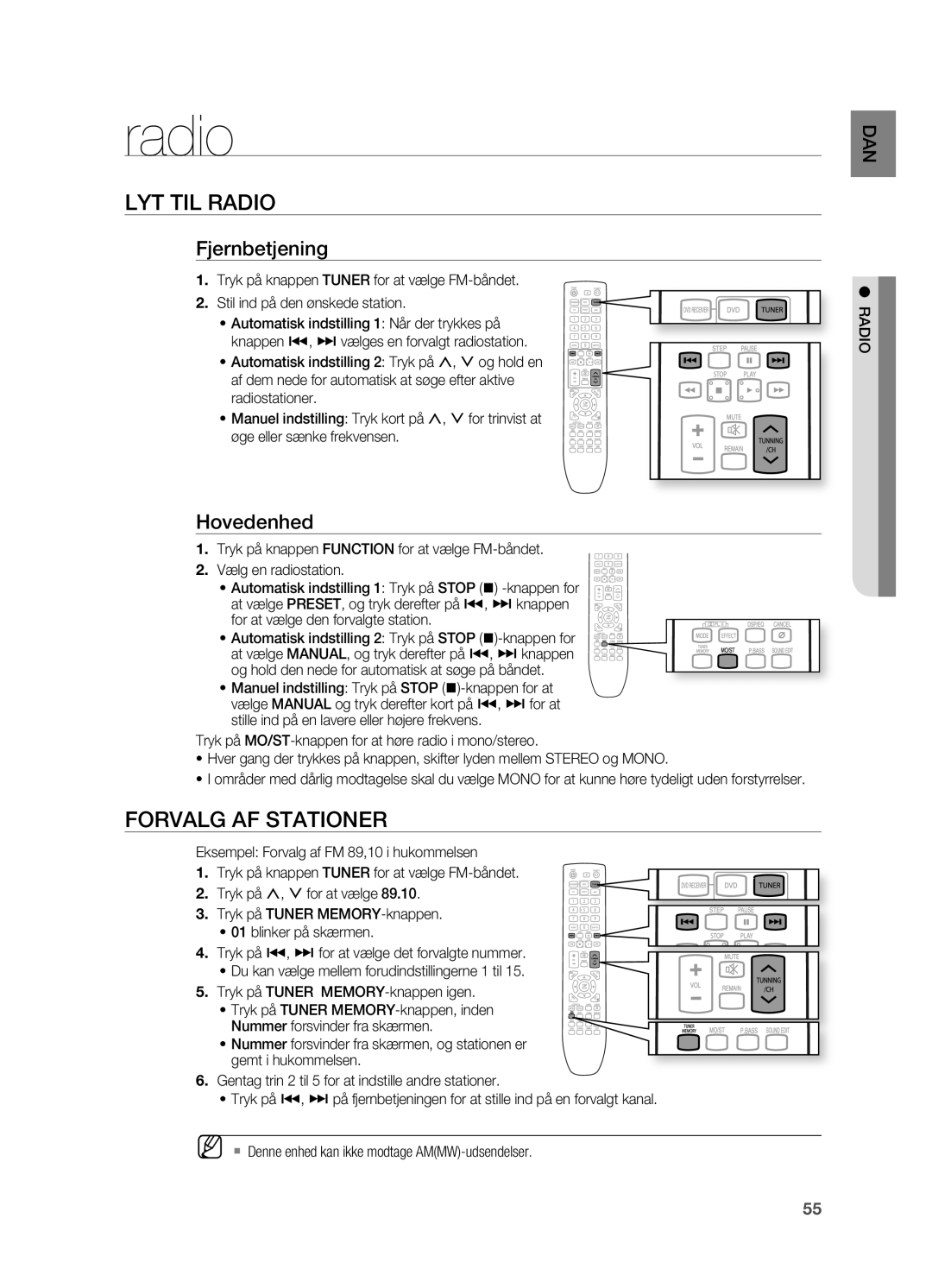 Samsung HT-X625T/XEE manual LYT TIL Radio, Forvalg AF Stationer, Fjernbetjening, Hovedenhed 