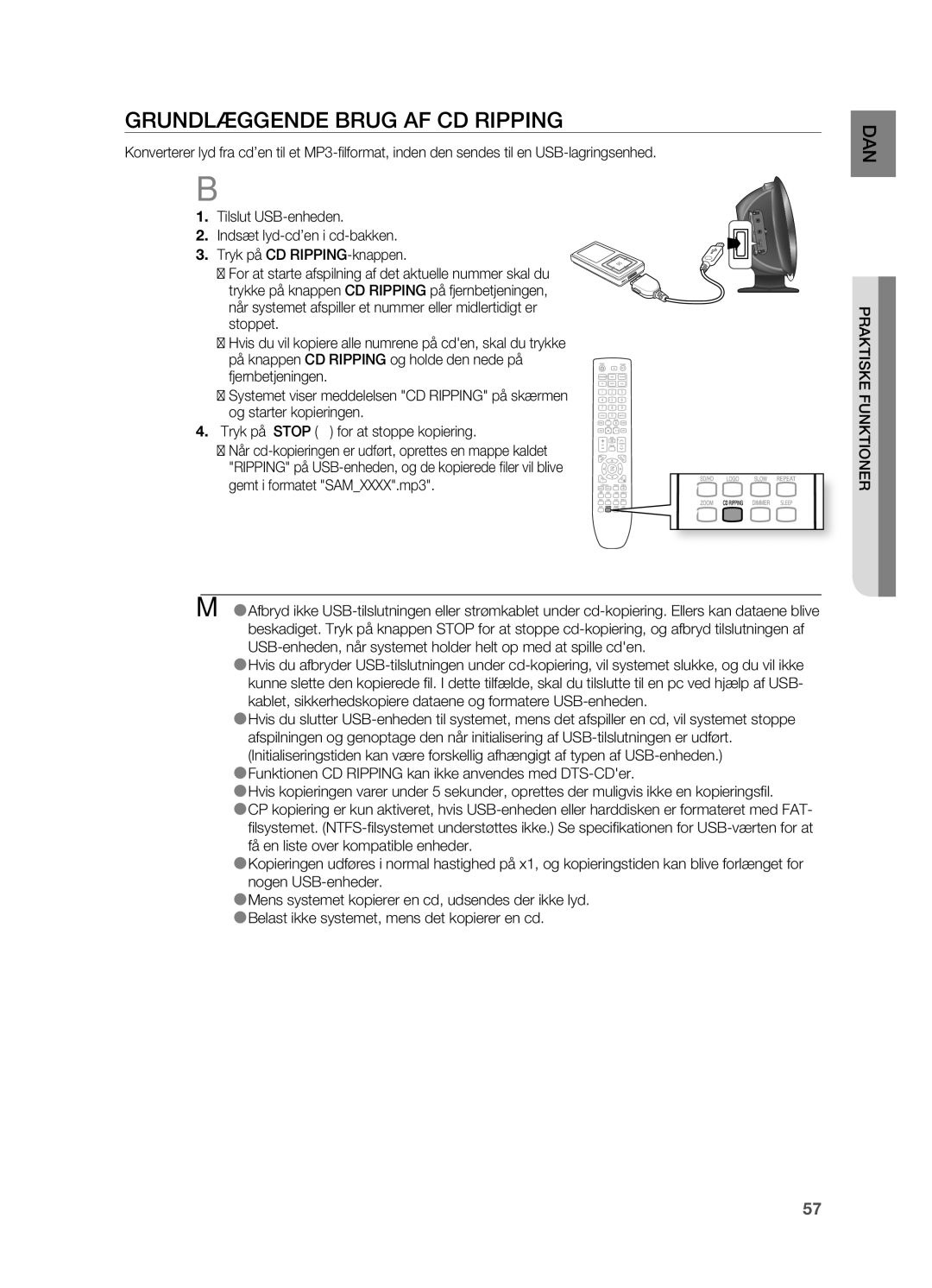 Samsung HT-X625T/XEE manual GRUNDLæGGENDE Brug AF CD Ripping, Praktiske Funktioner 