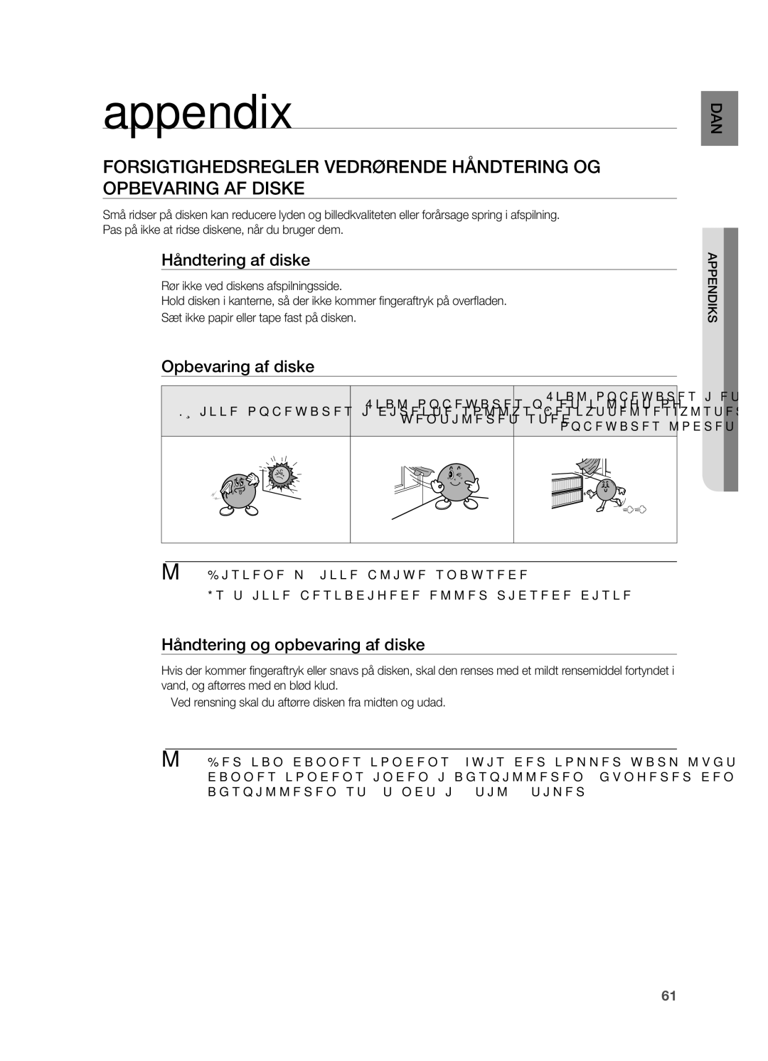 Samsung HT-X625T/XEE manual Appendix, Håndtering af diske, Opbevaring af diske, Håndtering og opbevaring af diske 