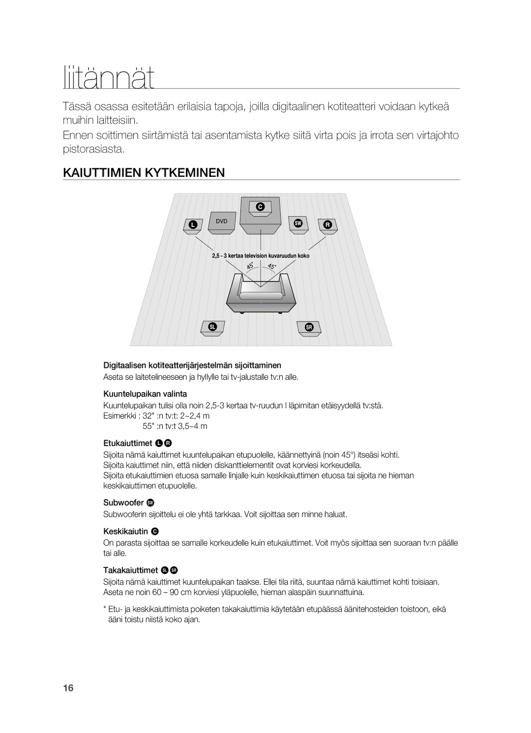 Samsung HT-X625T/XEE manual Liitännät, Kaiuttimien kytkeminen 