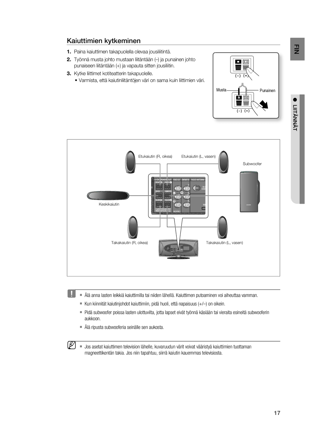 Samsung HT-X625T/XEE manual Kaiuttimien kytkeminen, Paina kaiuttimen takapuolella olevaa jousiliitintä, Liitännät 