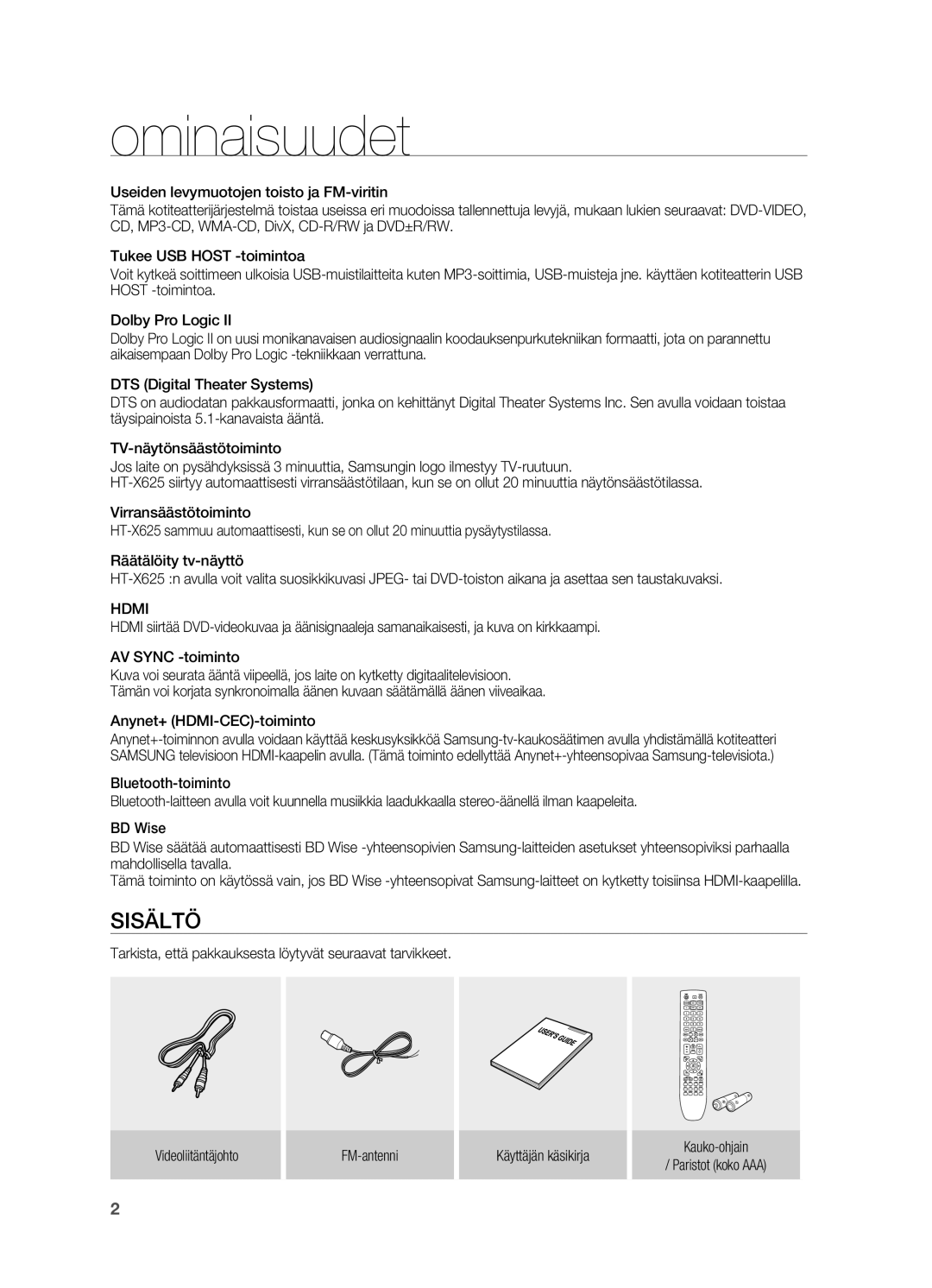 Samsung HT-X625T/XEE manual Ominaisuudet, Sisältö, Hdmi 