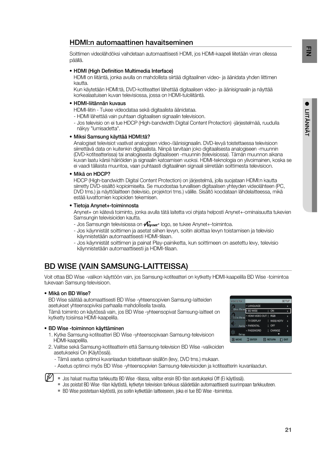 Samsung HT-X625T/XEE manual BD Wise vain Samsung-laitteissa, HDMIn automaattinen havaitseminen 