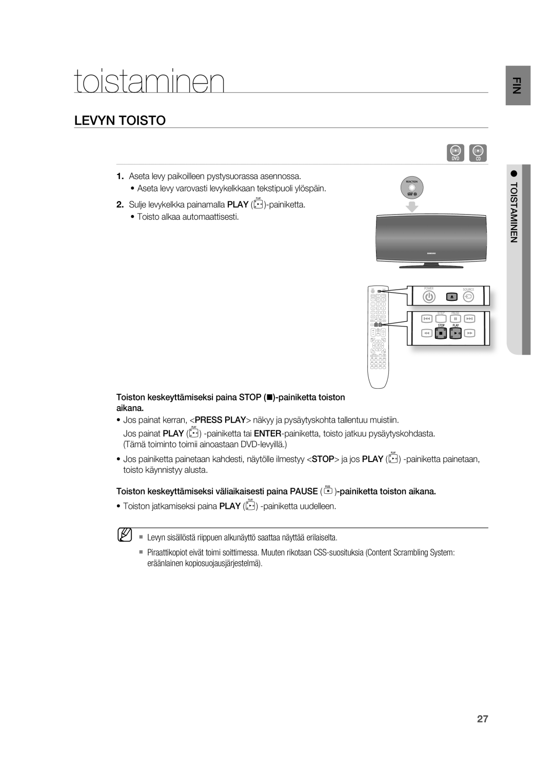 Samsung HT-X625T/XEE manual Toistaminen, Levyn Toisto, Aseta levy paikoilleen pystysuorassa asennossa 