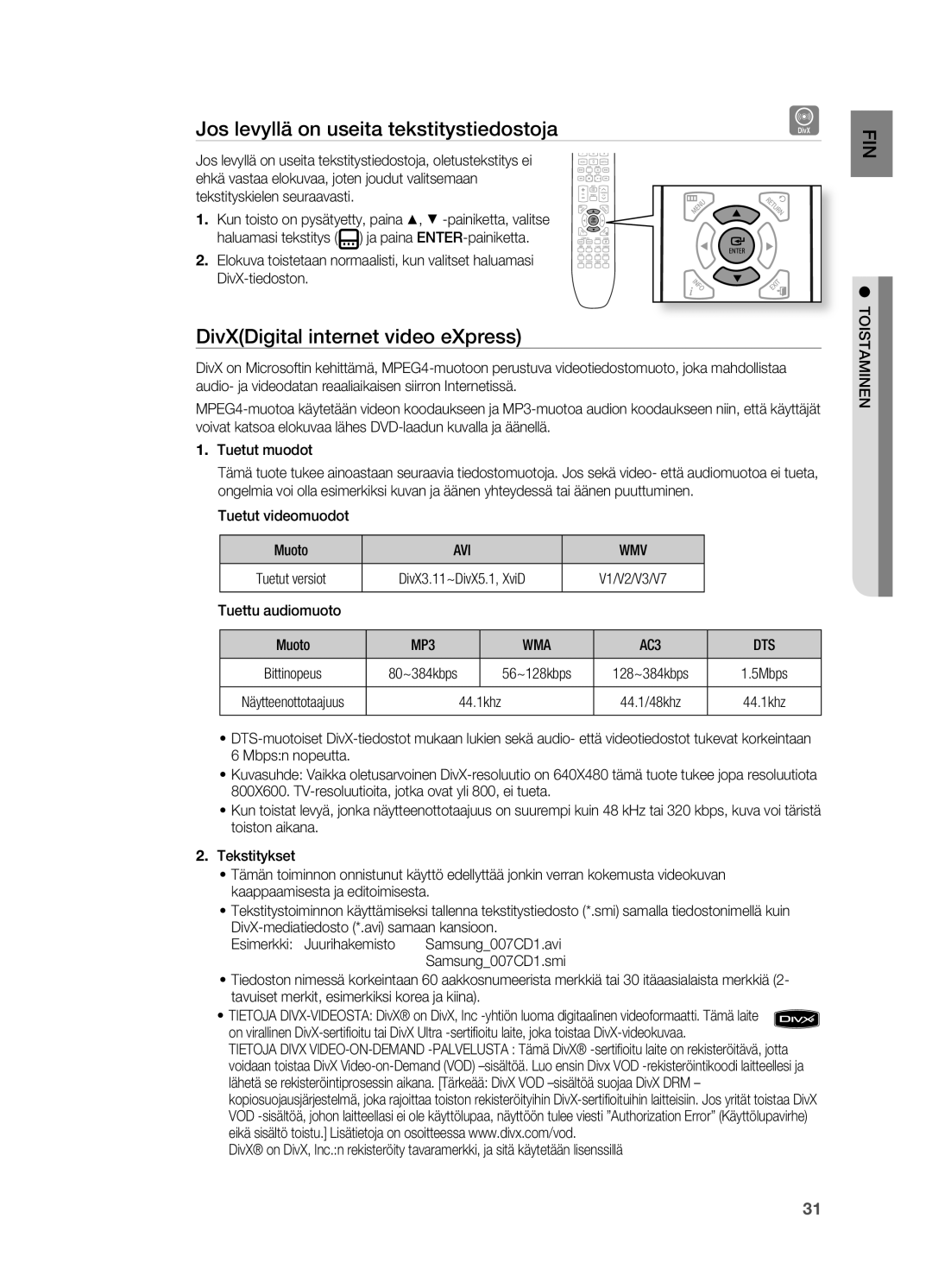 Samsung HT-X625T/XEE manual Jos levyllä on useita tekstitystiedostoja, DivXDigital internet video eXpress, Avi Wmv, Dts 