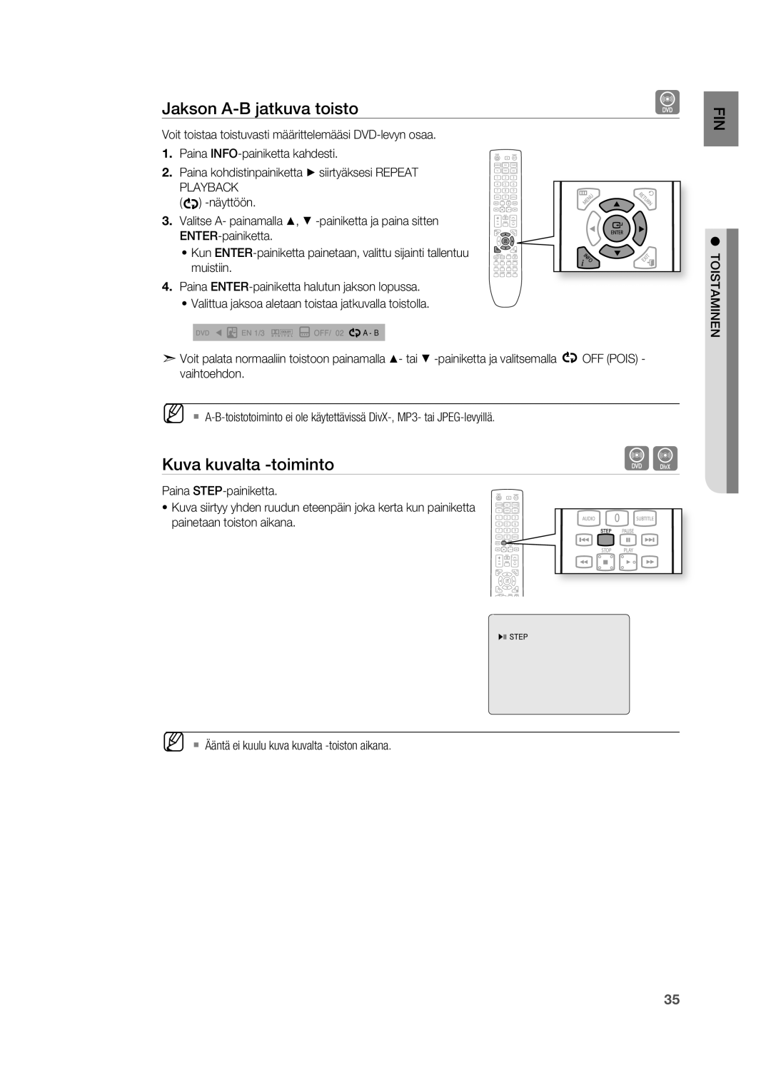 Samsung HT-X625T/XEE manual Jakson A-B jatkuva toisto, Kuva kuvalta -toiminto 