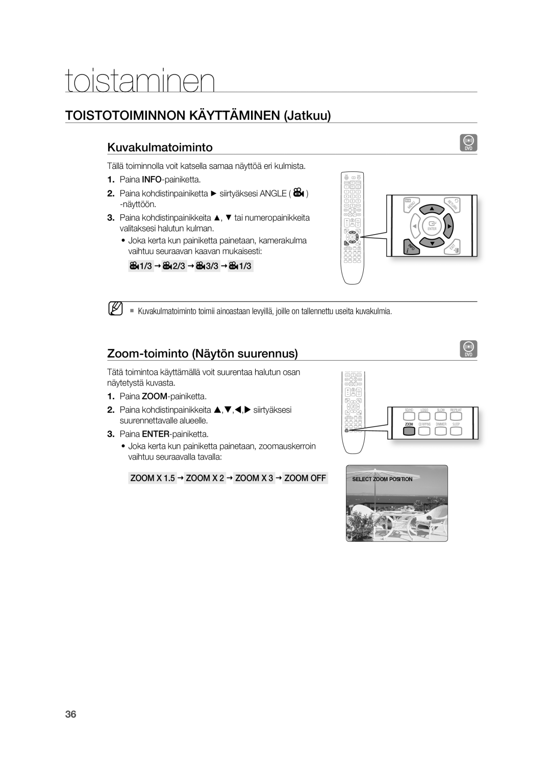 Samsung HT-X625T/XEE manual Kuvakulmatoiminto, Zoom-toiminto Näytön suurennus, Zoom X 