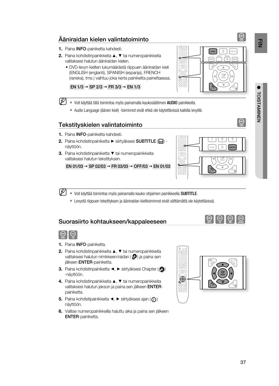 Samsung HT-X625T/XEE manual Ääniraidan kielen valintatoiminto, Tekstityskielen valintatoiminto 