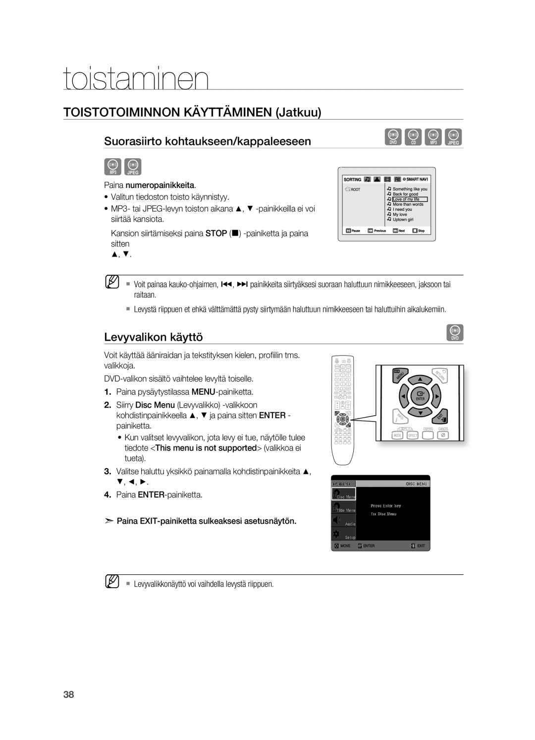 Samsung HT-X625T/XEE manual Levyvalikon käyttö, ` Levyvalikkonäyttö voi vaihdella levystä riippuen 