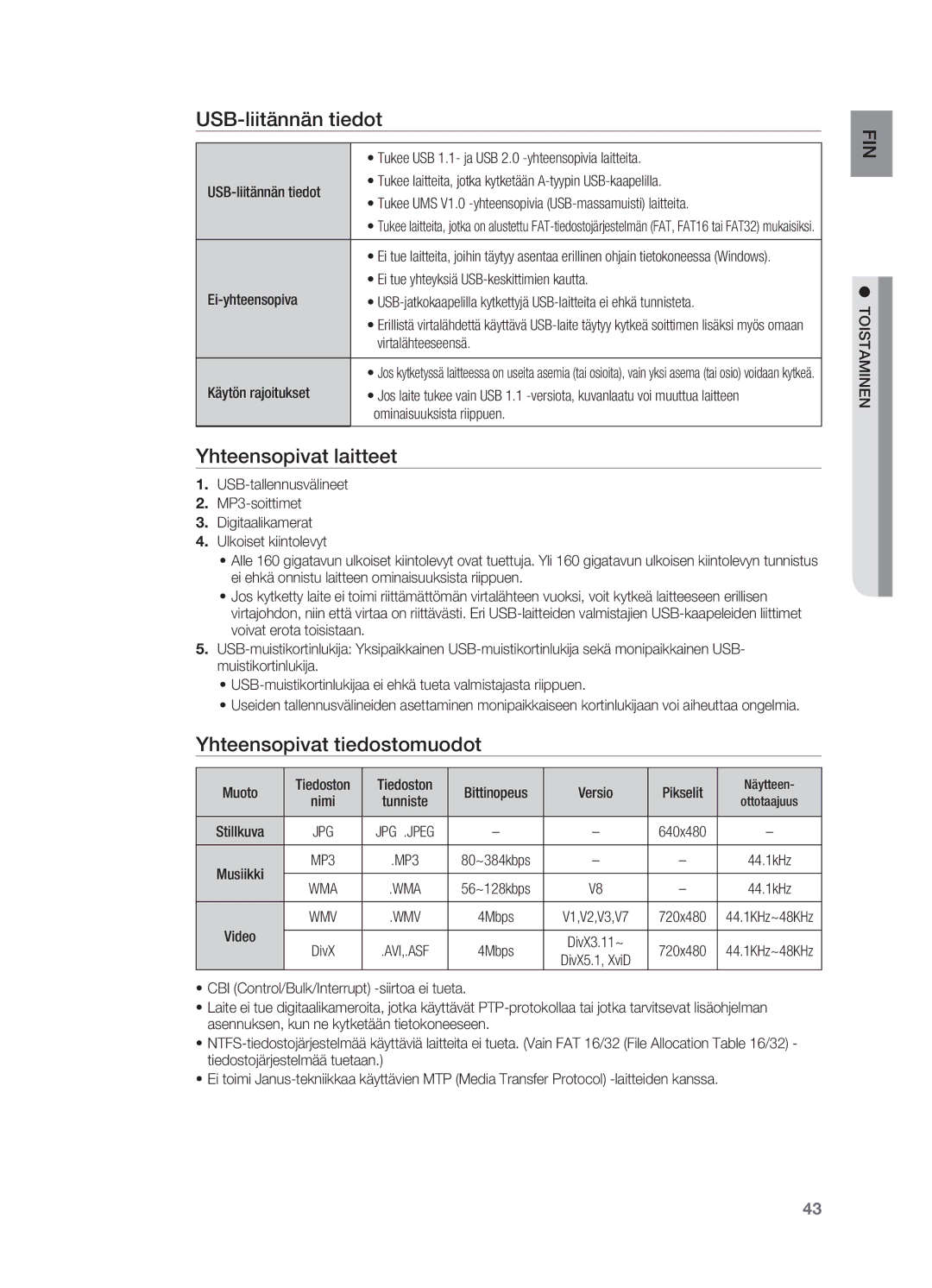 Samsung HT-X625T/XEE manual USB-liitännän tiedot, Yhteensopivat laitteet, Yhteensopivat tiedostomuodot 