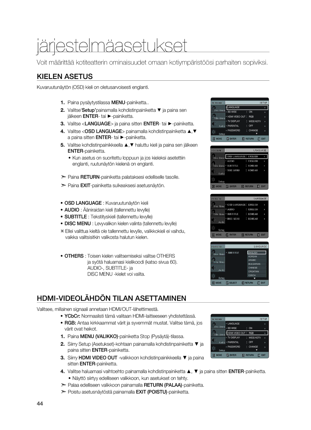 Samsung HT-X625T/XEE manual Järjestelmäasetukset, Kielen asetus, HDMI-videolähdön tilan asettaminen 