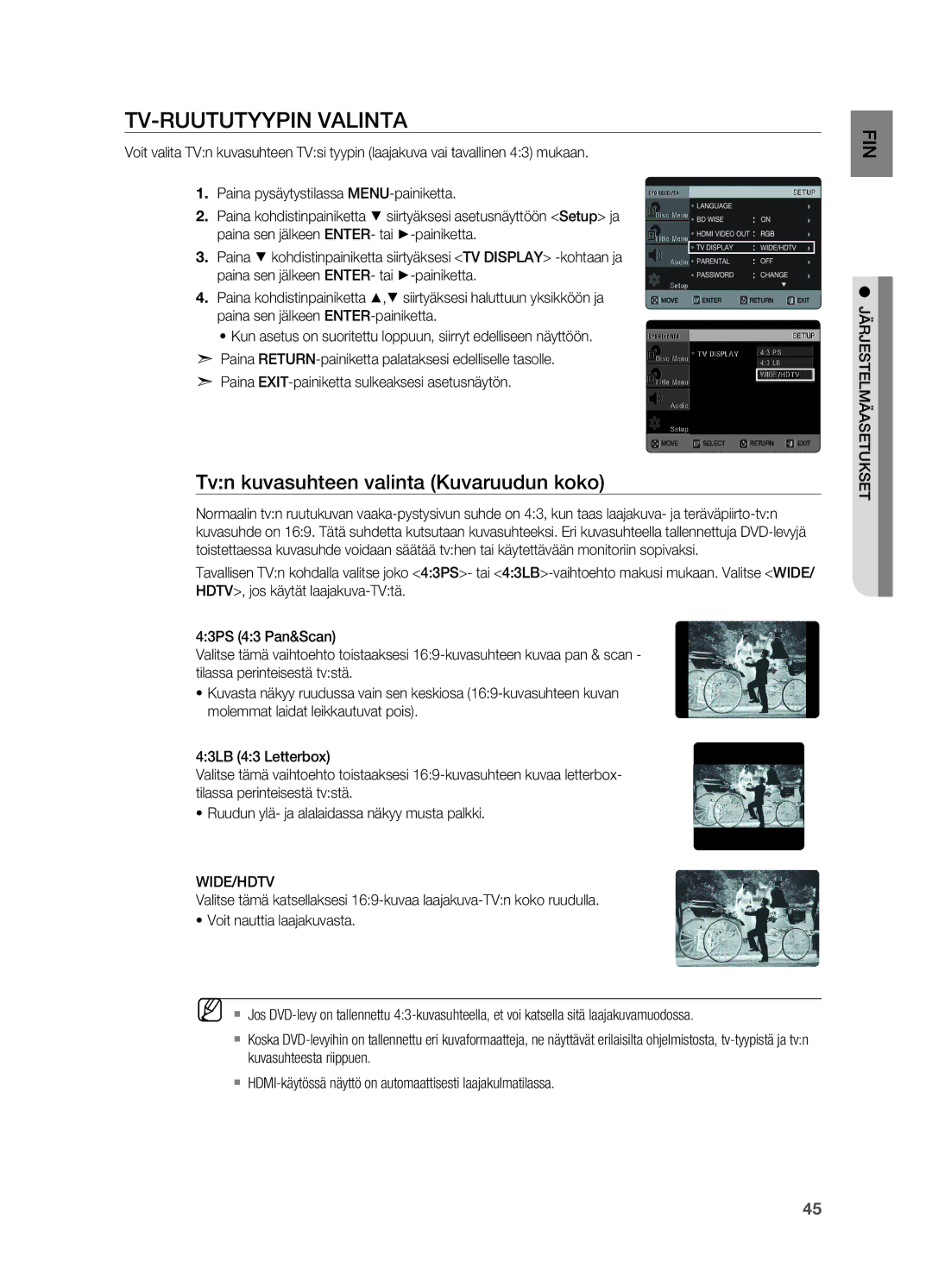 Samsung HT-X625T/XEE Tv-ruututyypin valinta, Tvn kuvasuhteen valinta Kuvaruudun koko, Paina sen jälkeen ENTER-painiketta 