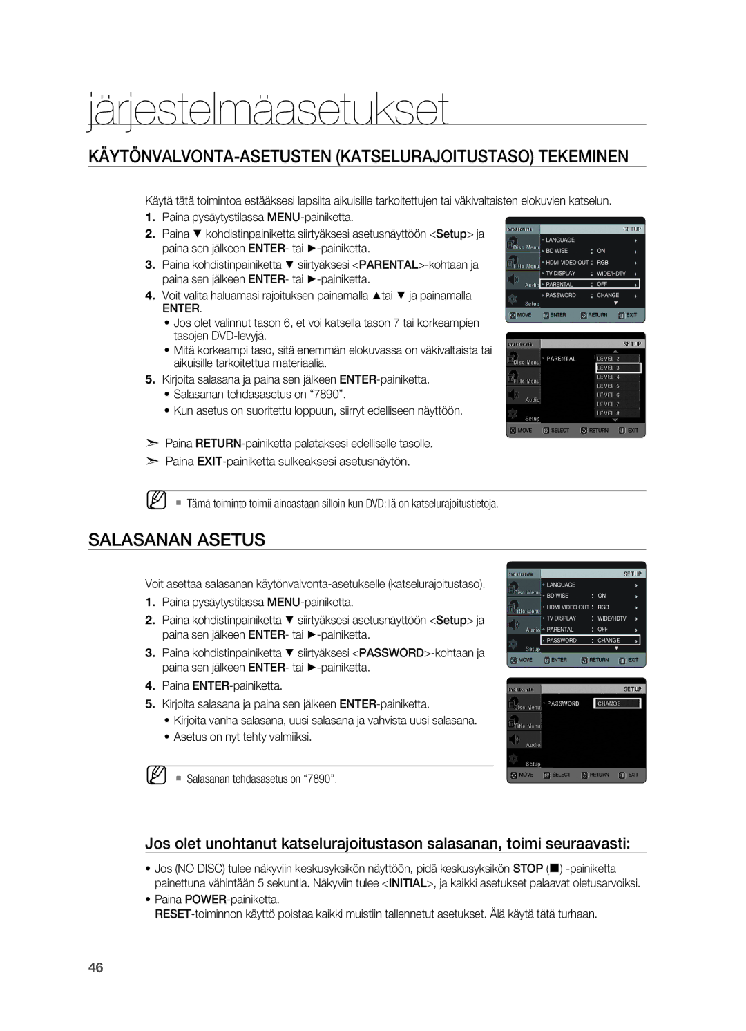 Samsung HT-X625T/XEE Käytönvalvonta-asetusten Katselurajoitustaso tekeminen, Salasanan asetus, Enter, Tasojen DVD-levyjä 