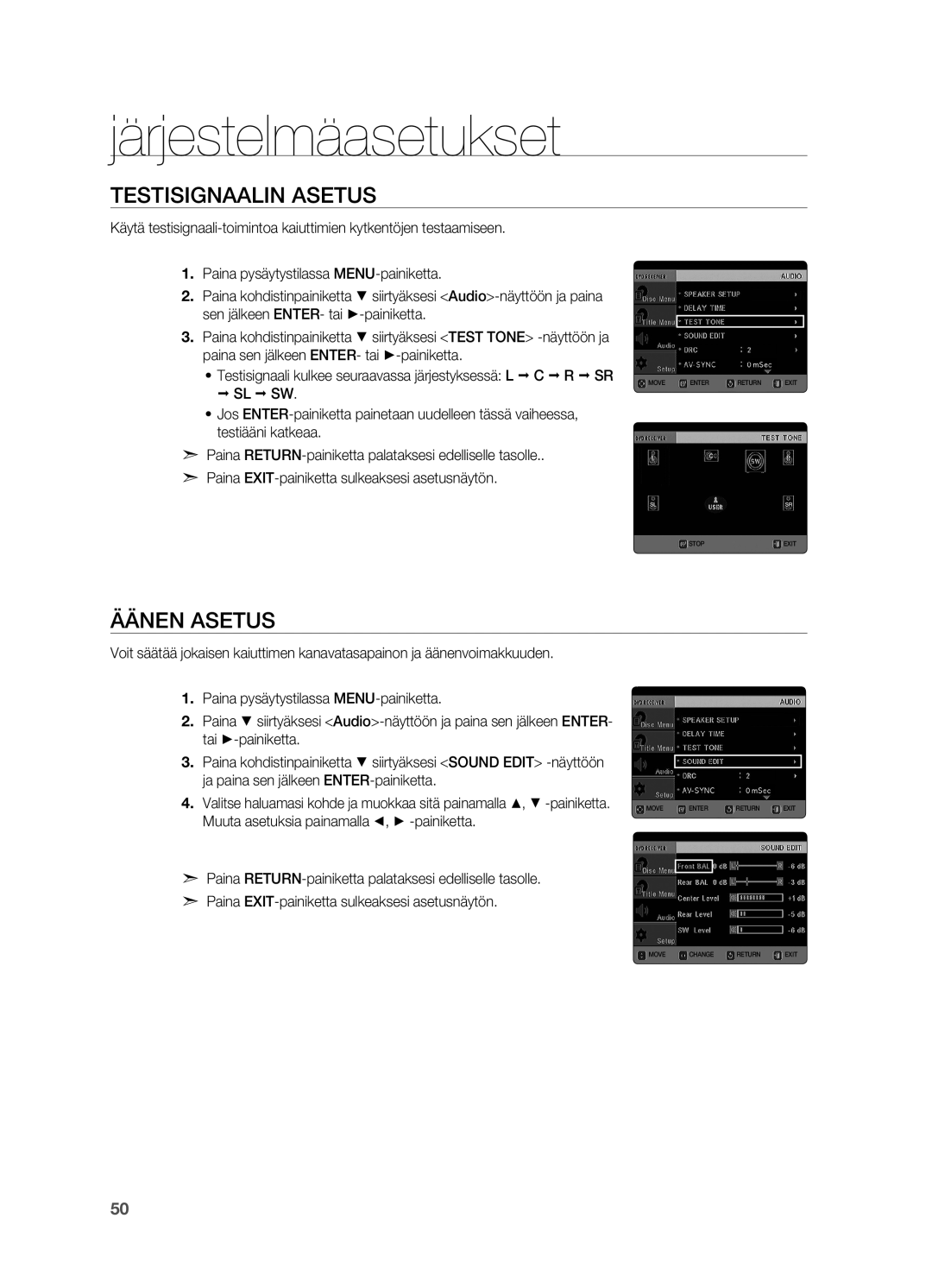 Samsung HT-X625T/XEE manual Testisignaalin asetus, Äänen Asetus 