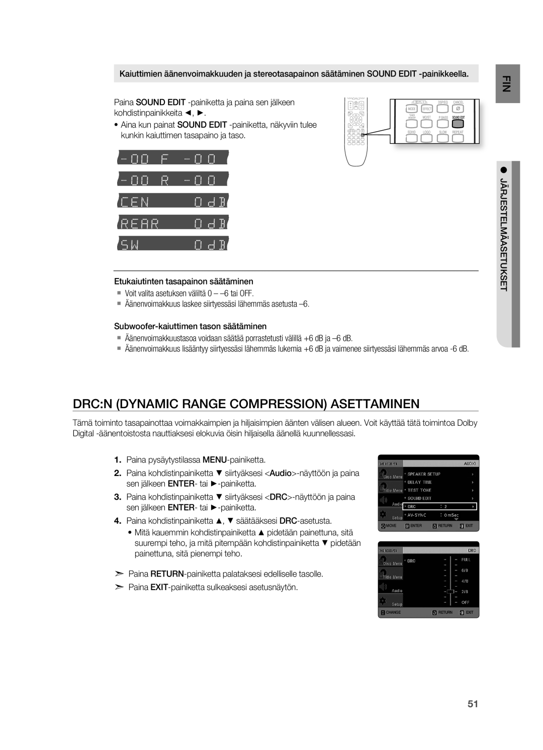 Samsung HT-X625T/XEE manual Drcn Dynamic Range Compression Asettaminen, JÄRjESTELMÄASETUKSET 