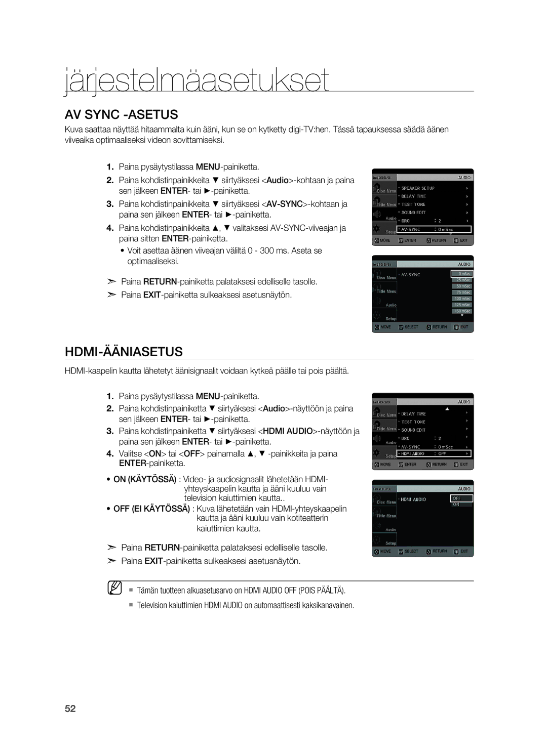 Samsung HT-X625T/XEE manual AV Sync -asetus, HDMI-ääniasetus 