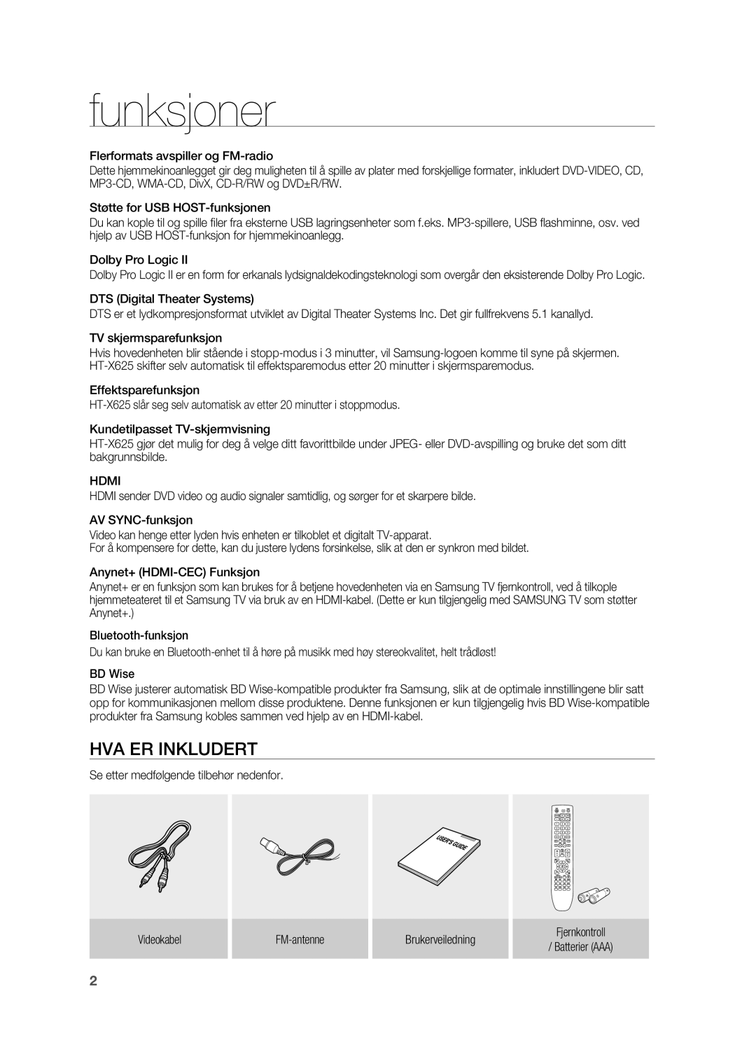 Samsung HT-X625T/XEE manual Funksjoner, HVA ER Inkludert, Hdmi 