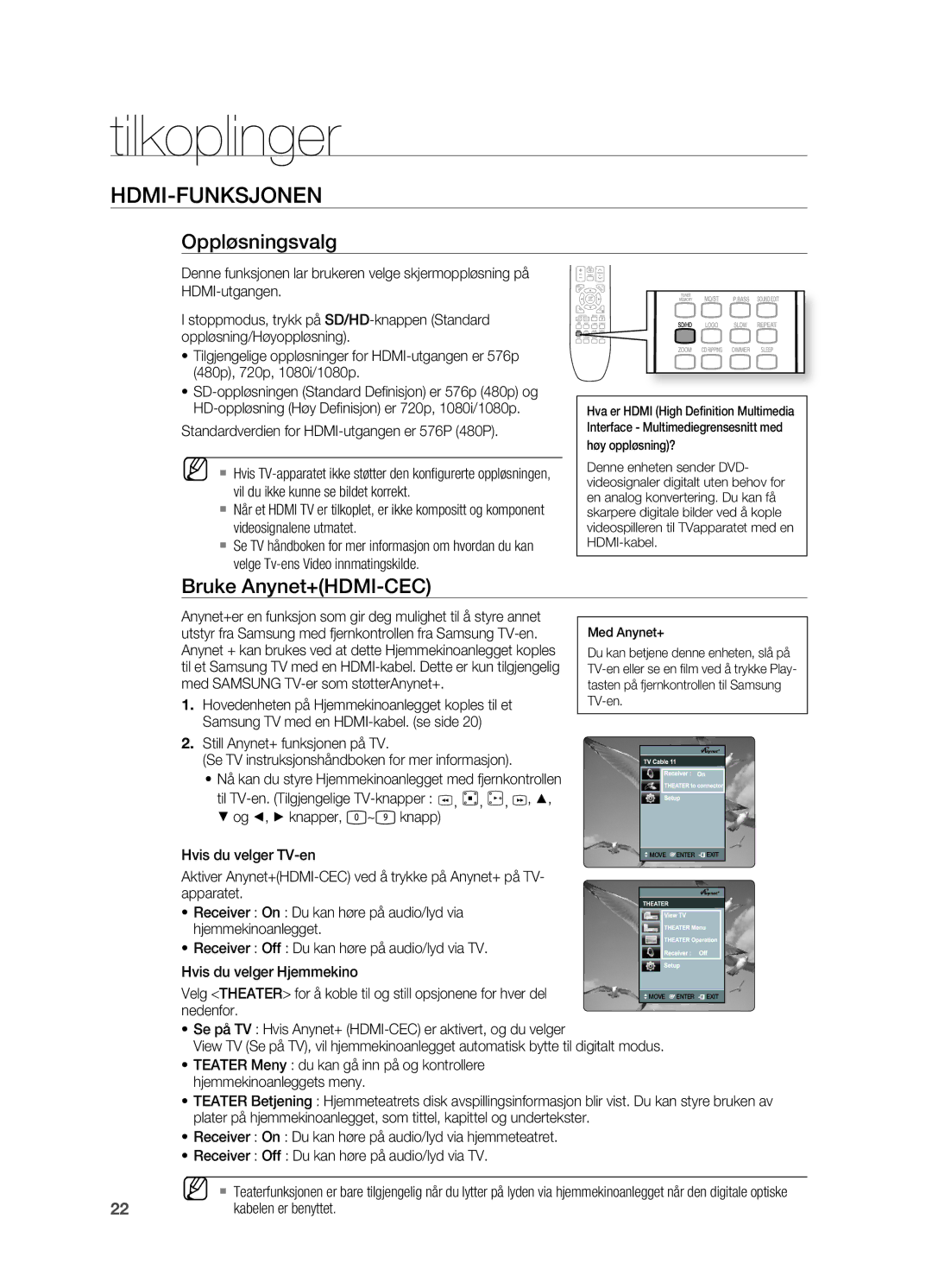 Samsung HT-X625T/XEE manual Hdmi-Funksjonen, Oppløsningsvalg, Bruke Anynet+HDMI-CEC 