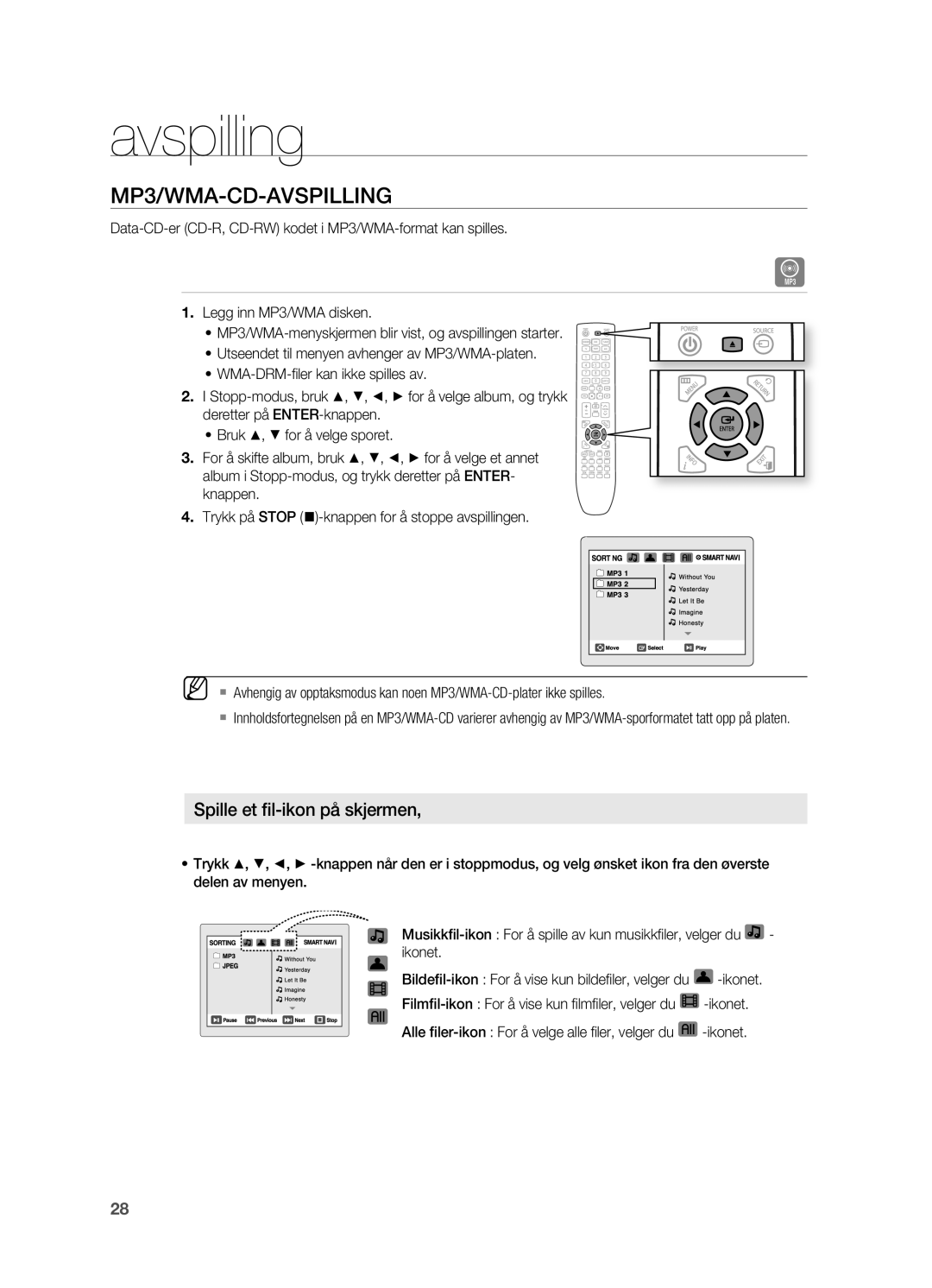 Samsung HT-X625T/XEE manual MP3/WMA-CD-AVSPILLINg, Spille et fil-ikon på skjermen 