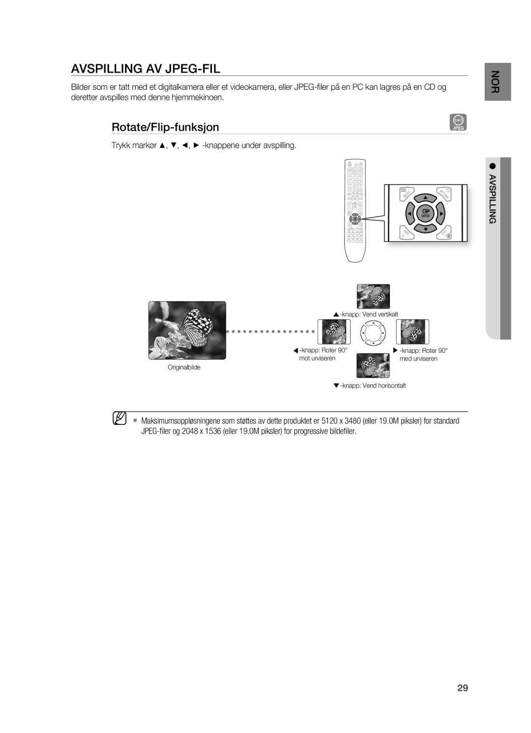 Samsung HT-X625T/XEE manual AVSPILLINg AV JPEg-FIL, Rotate/Flip-funksjon, Trykk markør $, %, , + -knappene under avspilling 