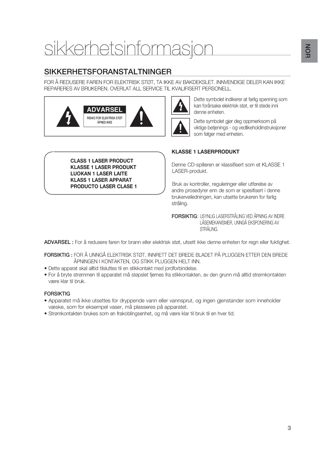 Samsung HT-X625T/XEE manual Sikkerhetsinformasjon, Sikkerhetsforanstaltninger, Forsiktig 