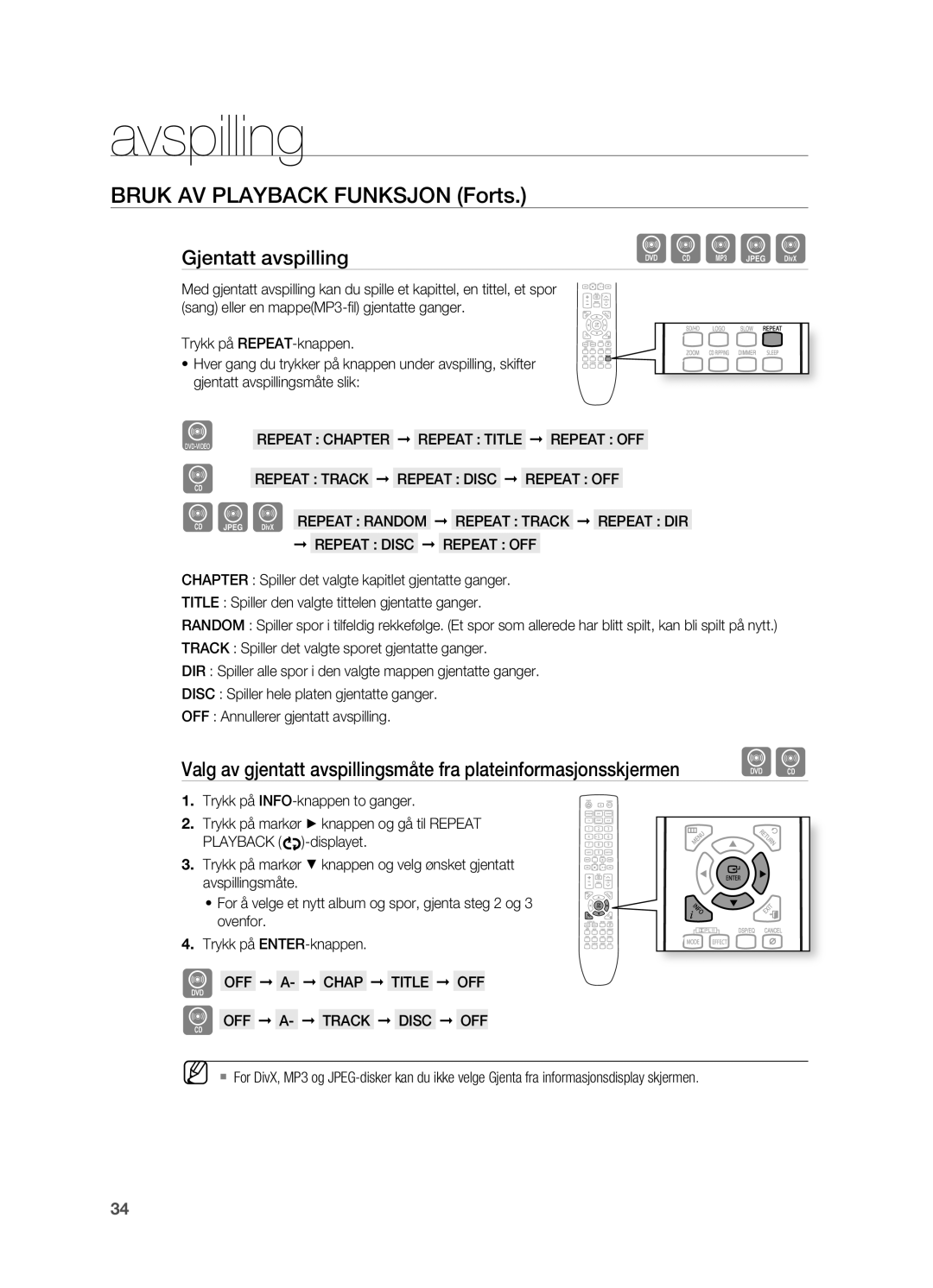 Samsung HT-X625T/XEE Bruk AV Playback Funksjon Forts, Gjentatt avspilling, OFF A- Chap Title OFF OFF A- Track Disc OFF 