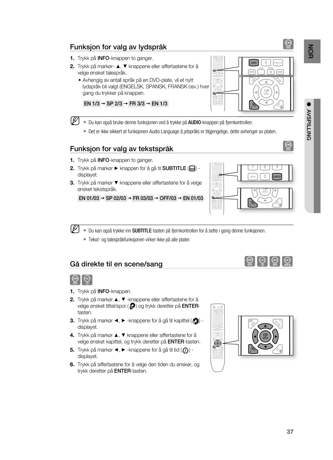 Samsung HT-X625T/XEE manual Funksjon for valg av lydspråk, Funksjon for valg av tekstspråk, Gå direkte til en scene/sang 