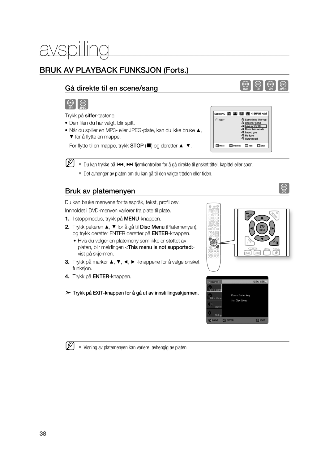 Samsung HT-X625T/XEE manual Bruk av platemenyen, ` Visning av platemenyen kan variere, avhengig av platen 