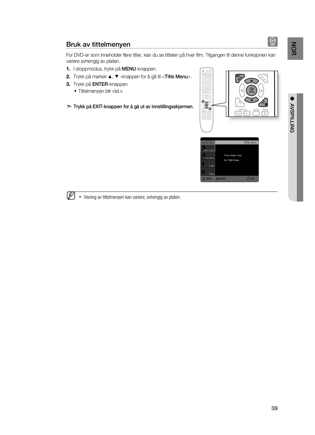 Samsung HT-X625T/XEE manual Bruk av tittelmenyen, ` Visning av tittelmenyen kan variere, avhengig av platen 