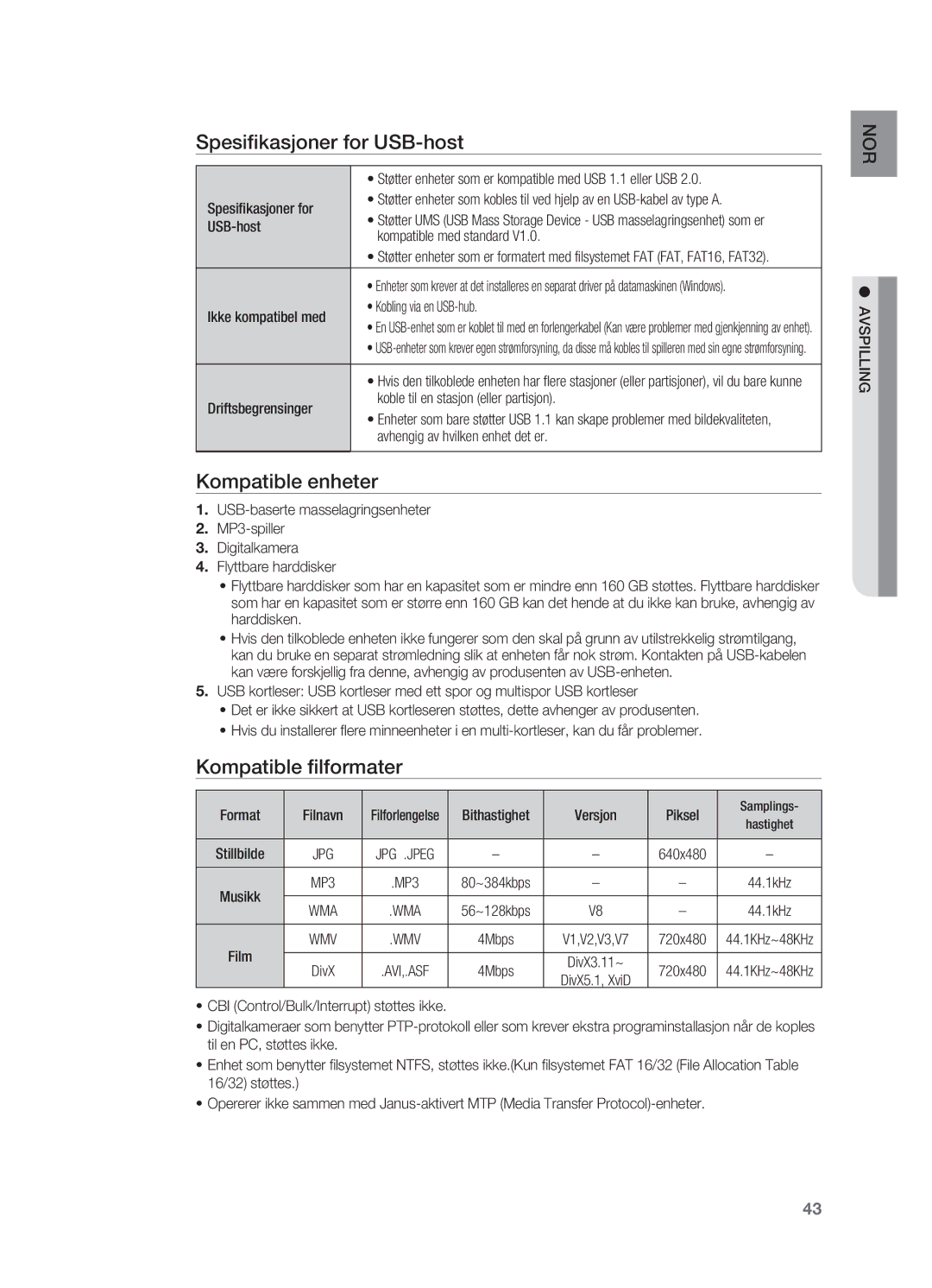 Samsung HT-X625T/XEE manual Spesifikasjoner for USB-host, Kompatible enheter, Kompatible filformater 