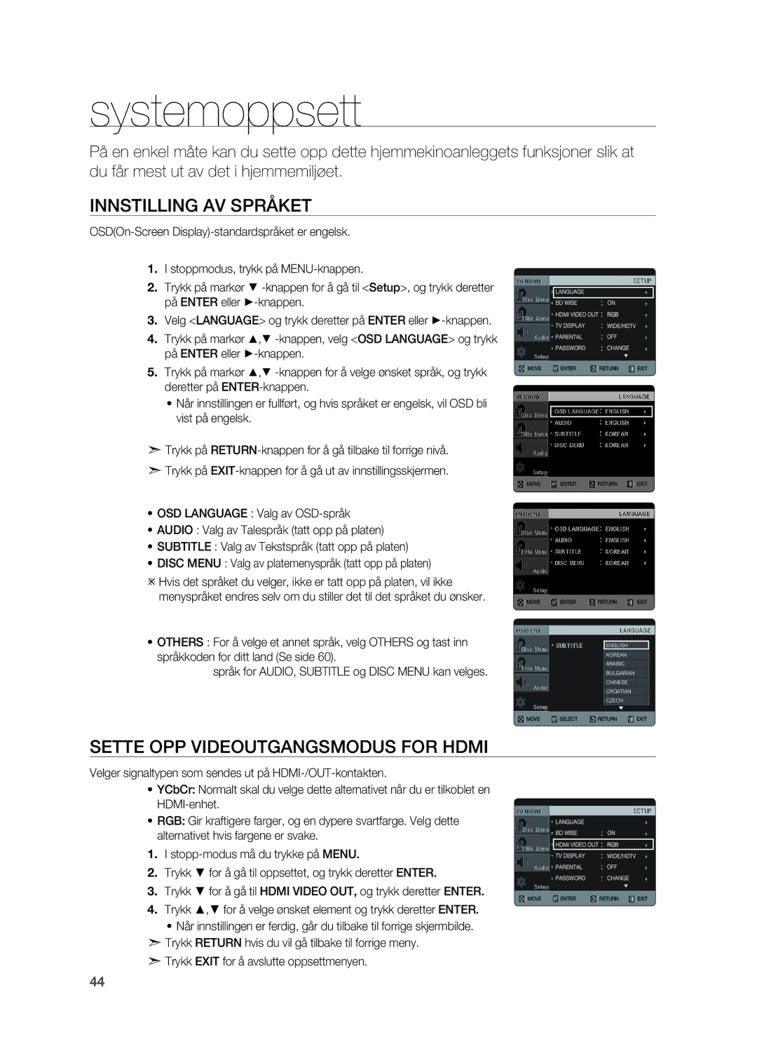 Samsung HT-X625T/XEE manual Systemoppsett, Innstilling av språket, Sette opp Videoutgangsmodus for Hdmi 