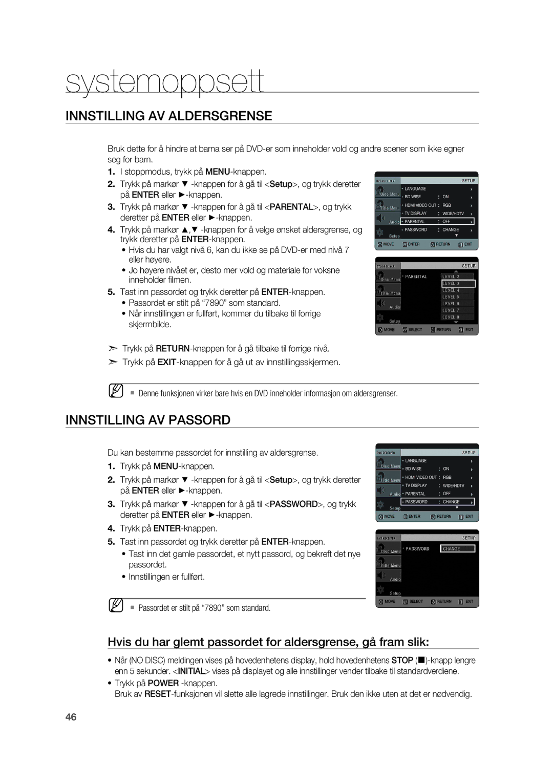 Samsung HT-X625T/XEE manual Innstilling av aldersgrense, Innstilling av passord 