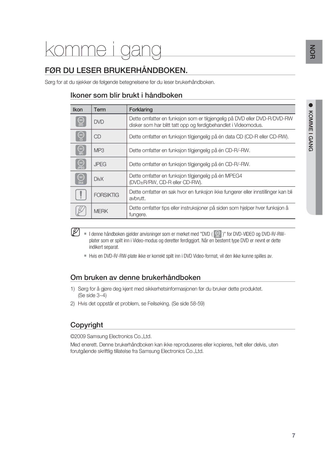 Samsung HT-X625T/XEE manual Komme i gang, Før du leser brukerhåndboken, Ikoner som blir brukt i håndboken, Copyright 