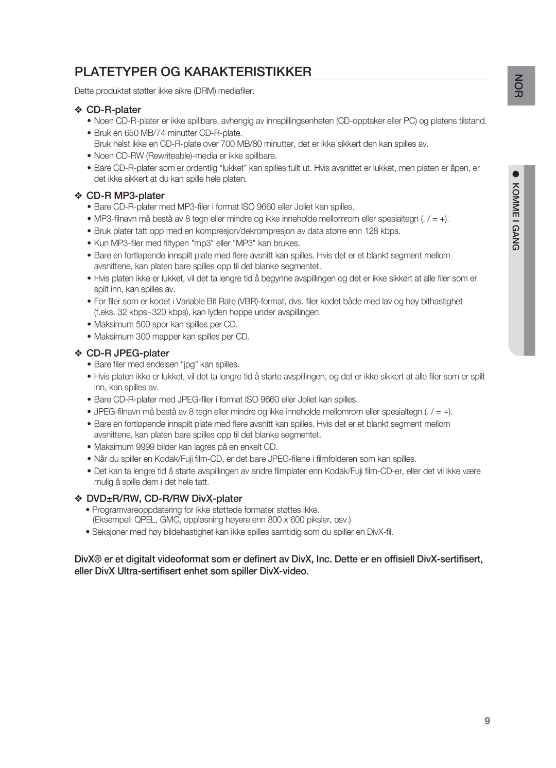 Samsung HT-X625T/XEE manual Platetyper OG Karakteristikker, Dette produktet støtter ikke sikre DRM mediafiler 