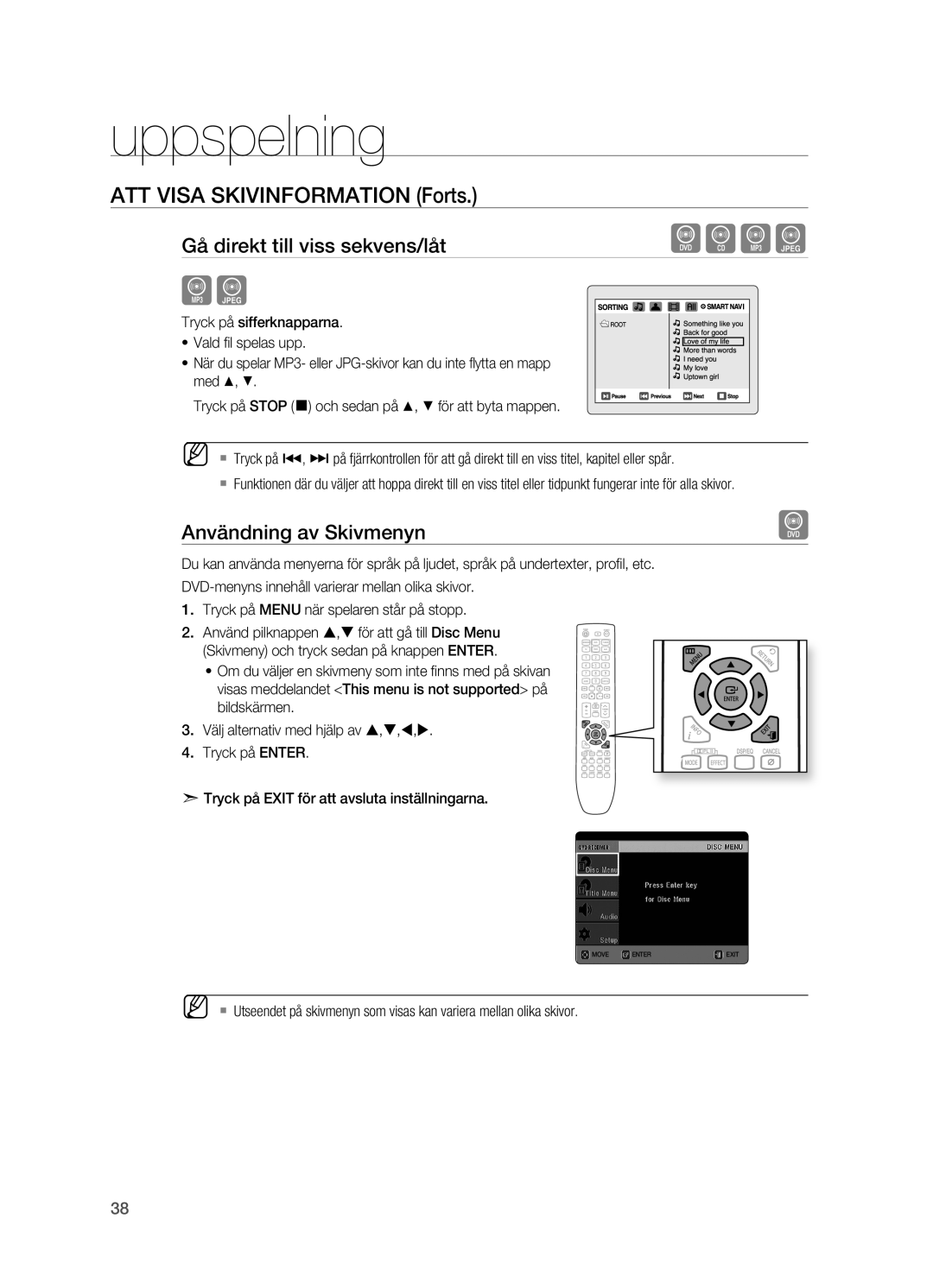 Samsung HT-X625T/XEE manual Användning av Skivmenyn 