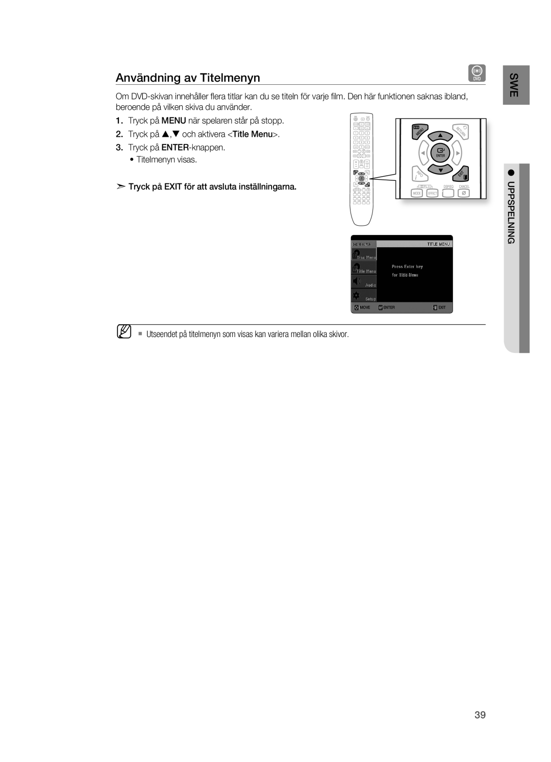 Samsung HT-X625T/XEE manual Användning av Titelmenyn 